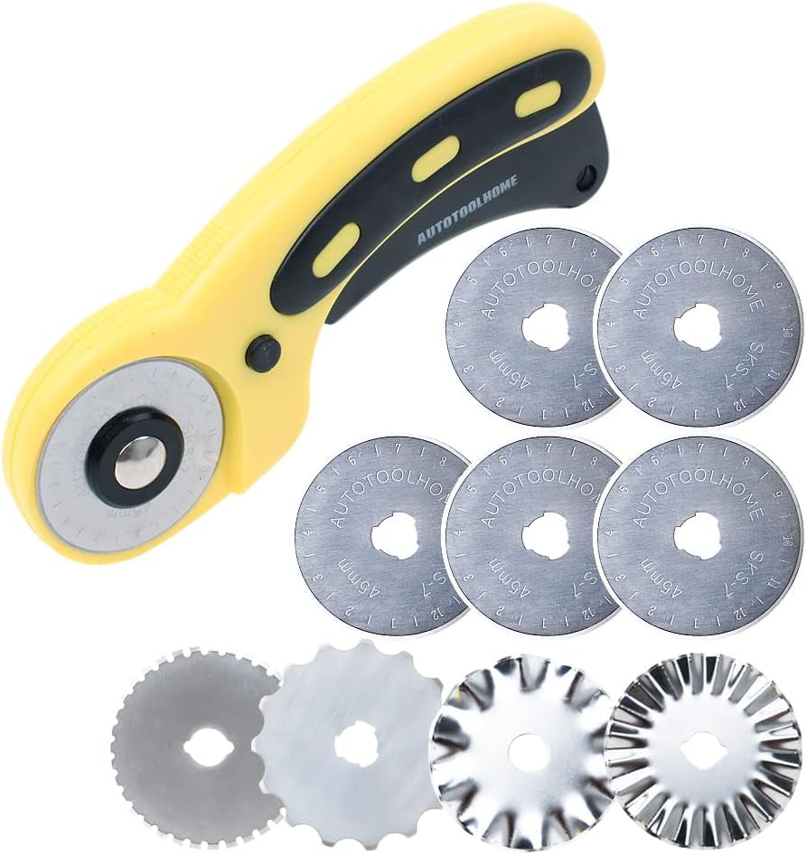 45Mm Rotary Cutter Set with 9 Pack Replacement Rotary Blades Skip Rotary Blades Pinking Rotary Blades for Sewing Fabric Leather Quilting Cutter Paper Perforating Tool