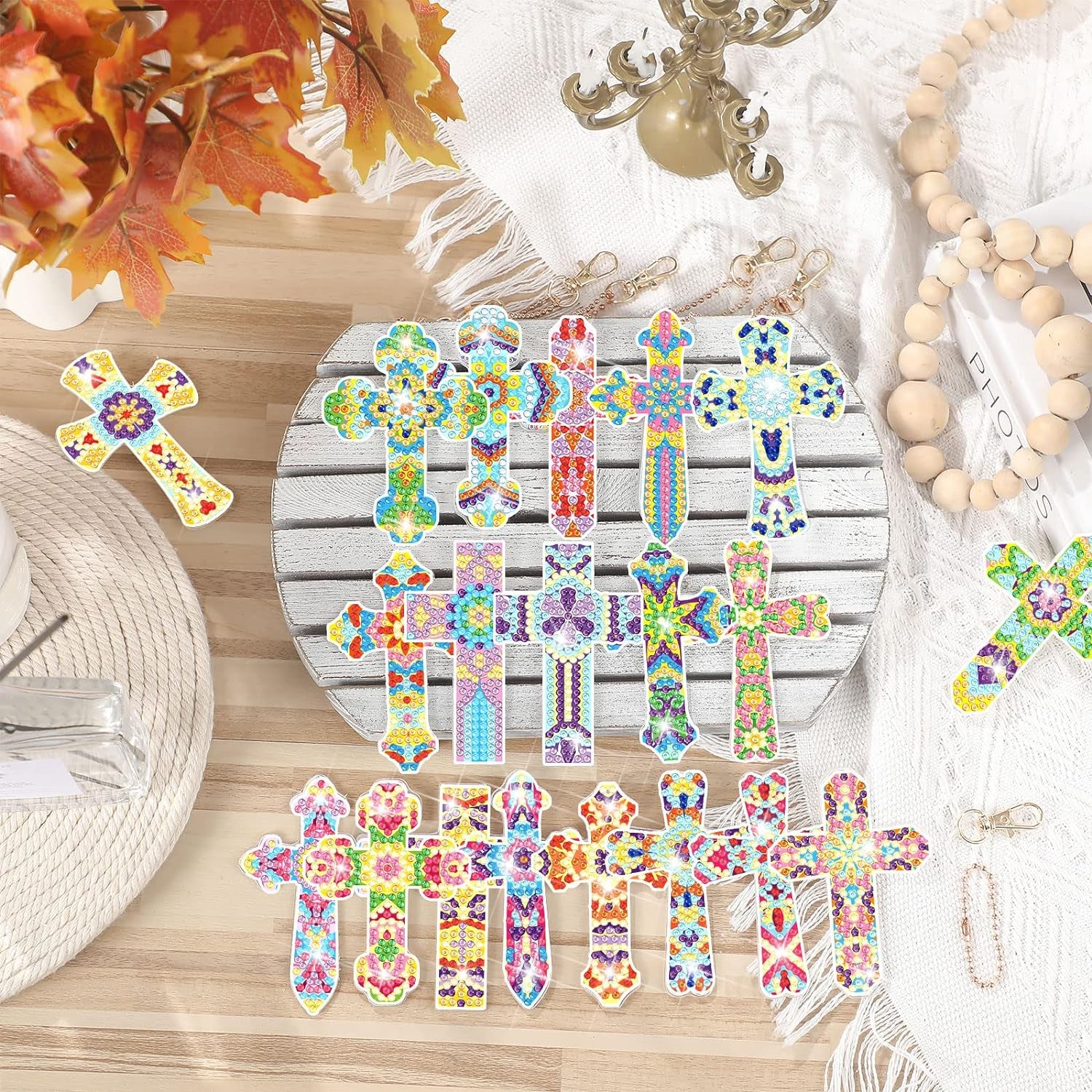 20 Pcs Diamond Painting Keychains Kit Cross Diamond Art Keychains Religious Crosses Diamond Ornaments 5D Key Chain Christian Diamond Painting Bookmarks Key Rings for Adults DIY Crafts Gifts