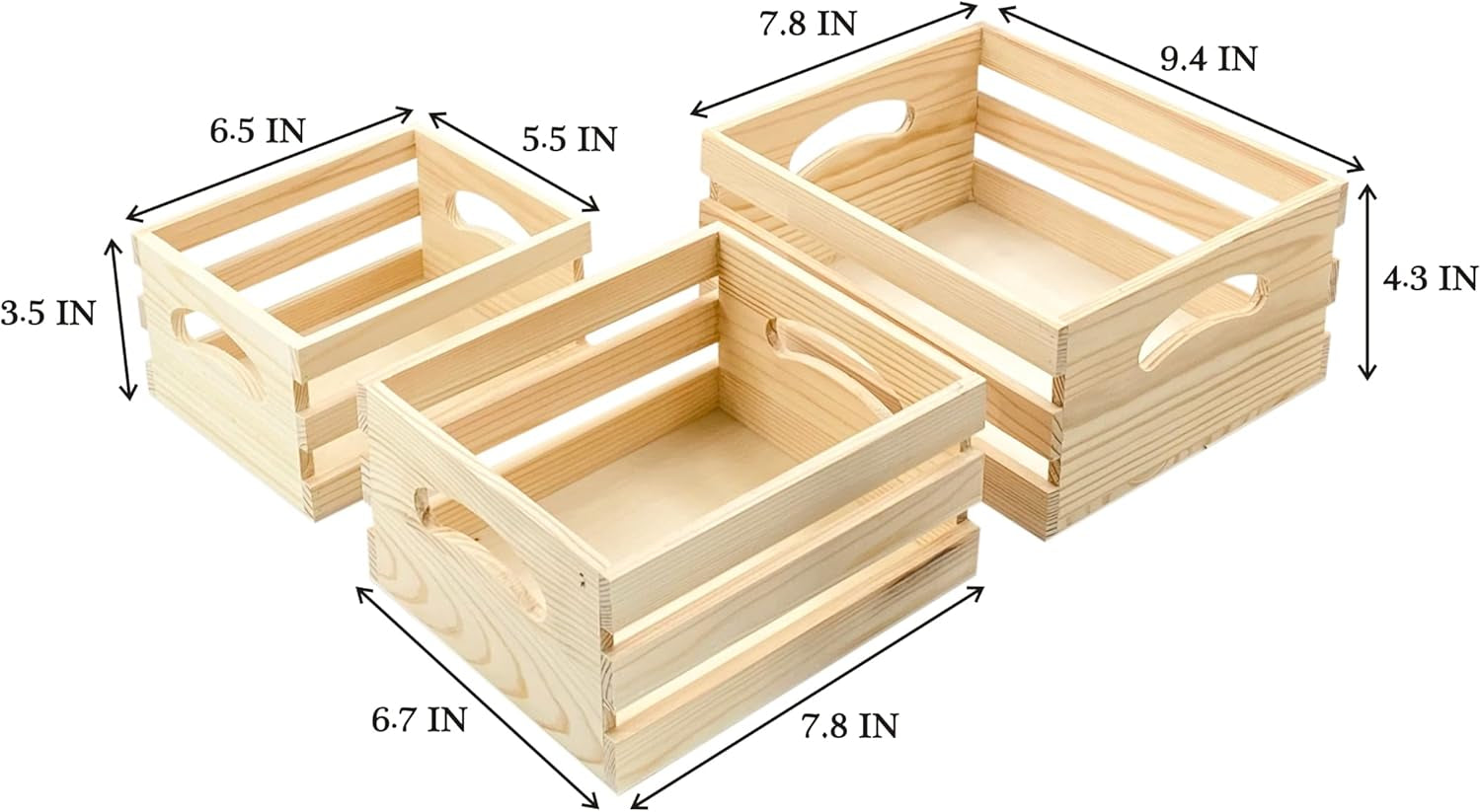 Set of 3 Wooden Pallet Crates Nesting Unfinished Wood Trays Storage for DIY Crafts (Large Size 9.4 X 7.8 X 4.3 In)