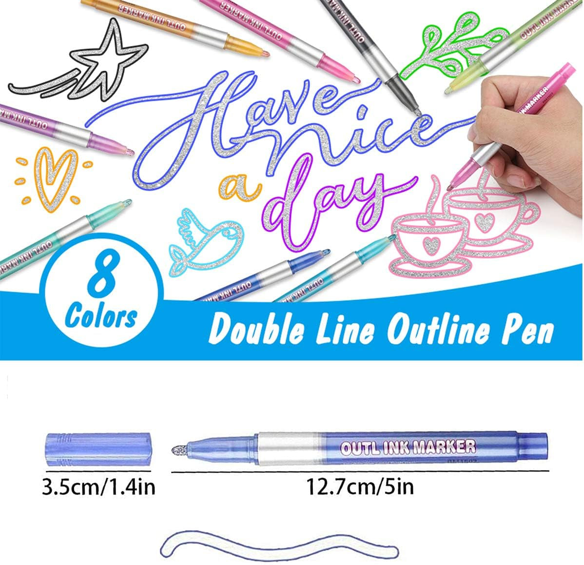 Outline Markers Pens, 8 Colors Double Line Markers Sel-Outline Metallic Markers Shimmer Markers for Art, Christmas, Greeting Cards, DIY, Scrapbook, Easter Egg