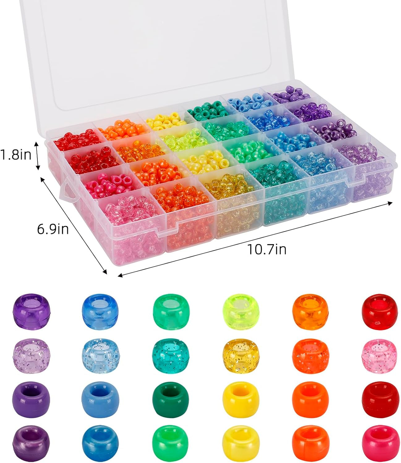 2880Pcs Pony Beads Kit, Kandi Beads for Hair, Rainbow Beads Plastic Bead for Craft 6 X 9Mm 24 Colors 4 Styles Large Hole Beads Set for Bracelets Jewelry Making