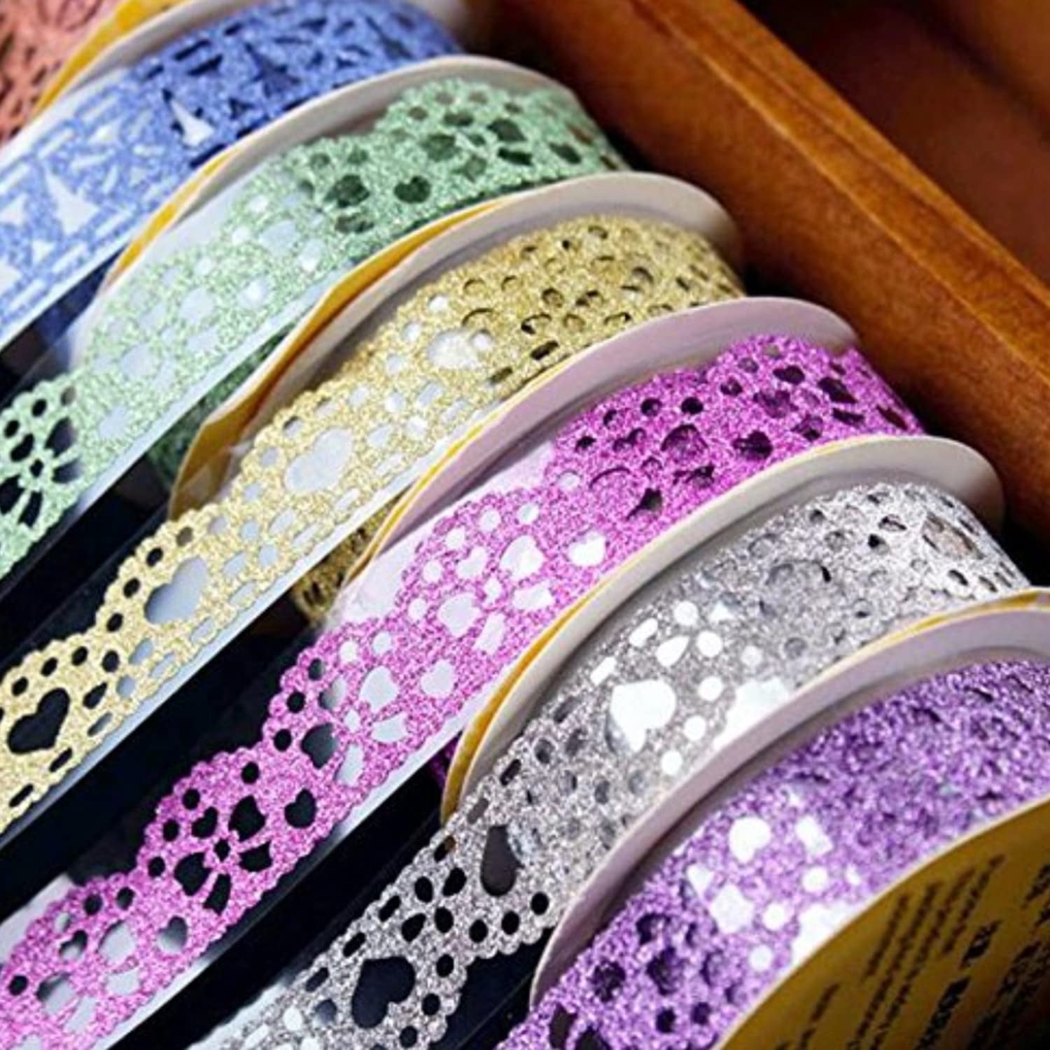 Lace Washi Tape, 6 Roll Lace Pattern Glitter Bling Self-Adhesive Tape Diamond Washi Tape Masking DIY Scrapbooking Lace Tape Sticker Color Random