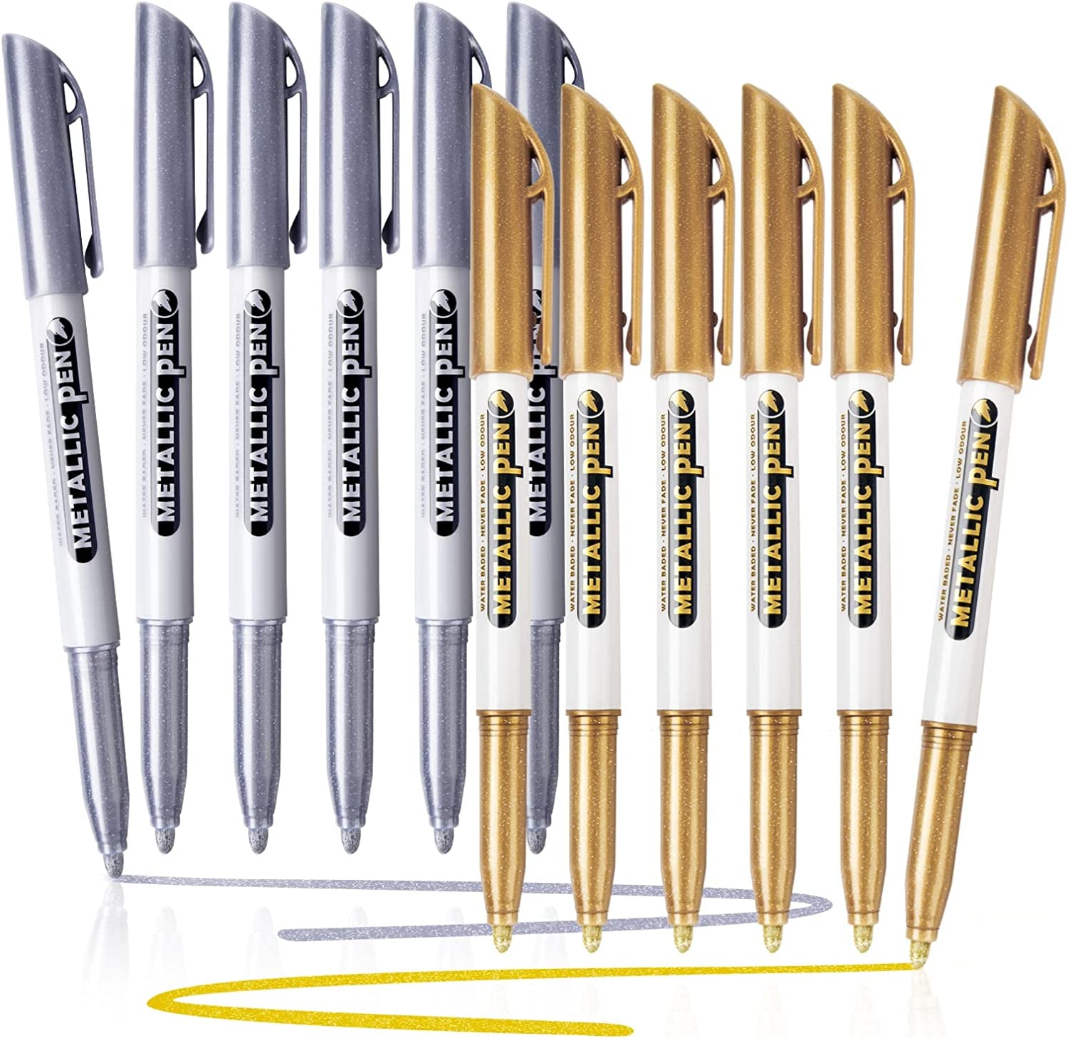 Metallic Markers Pens, Silver and Gold Paint Pens, Value Set of 12 Metallic Pens for Black Paper, Rock Painting, Card Making, DIY Photo Album, Wood, Halloween Pumpkin, Scrapbook Supplies