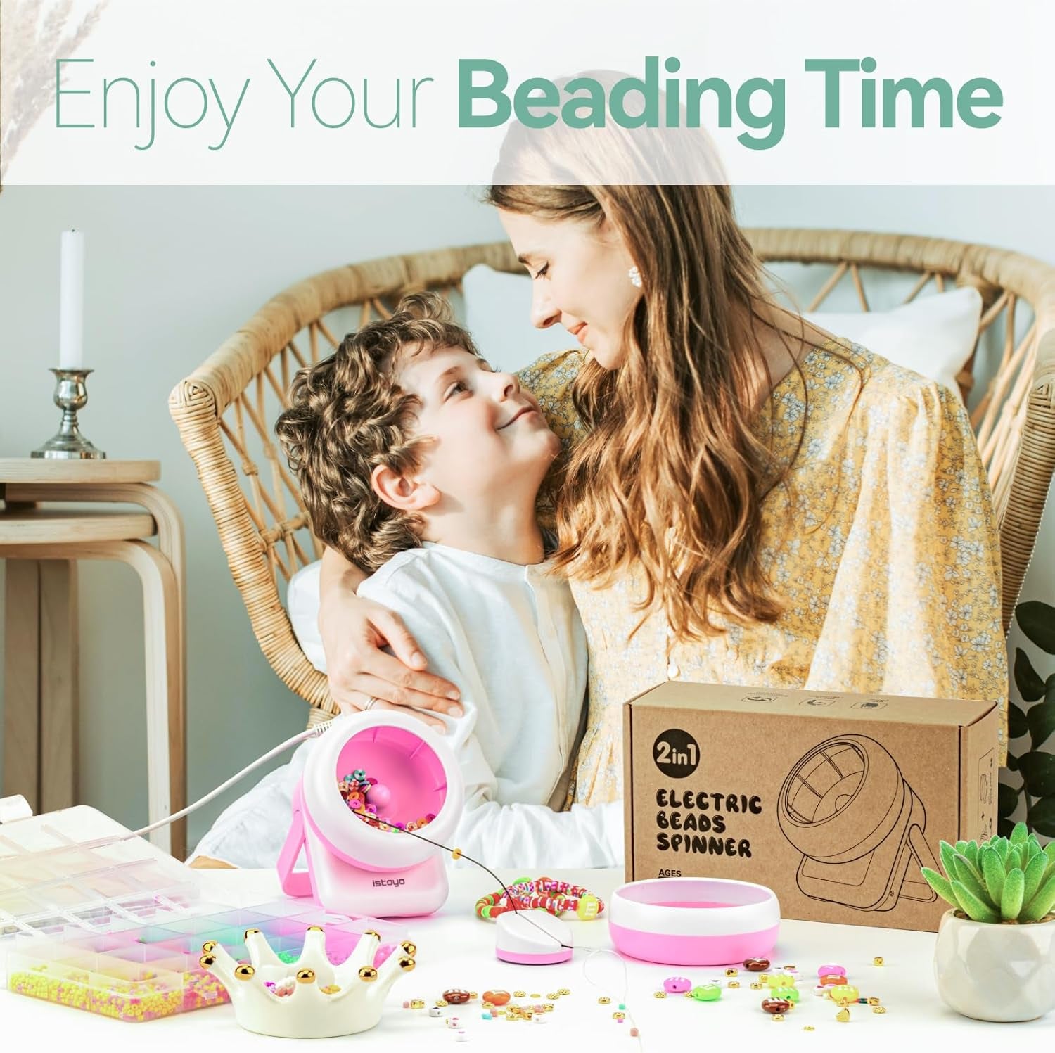 2IN1 Adjustable Electric Clay and Seed Bead Spinner - Dual-Purpose Jewelry Making Tool with Big Eye Beading Needle - Ideal for Bracelets and Necklaces - Vibrant Pink