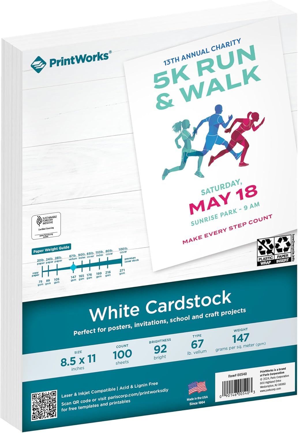 White Cardstock, 67 Lb, 92 Bright, FSC Certified, Perfect for School and Craft Projects, 8.5 X 11 Inch, 100 Sheets (00540)