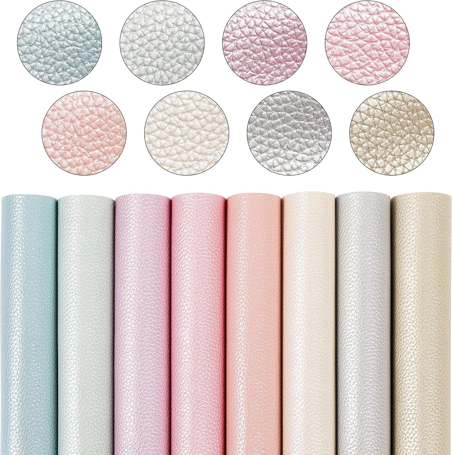 Shiny Pearl Faux Leather Sheets: Soft Pearl Lustrous Textured Metallic PU Synthetic Leather Fabric 8Pcs/Set 12X8 Inch for Bows Earrings Making DIY Craft (Light Color)