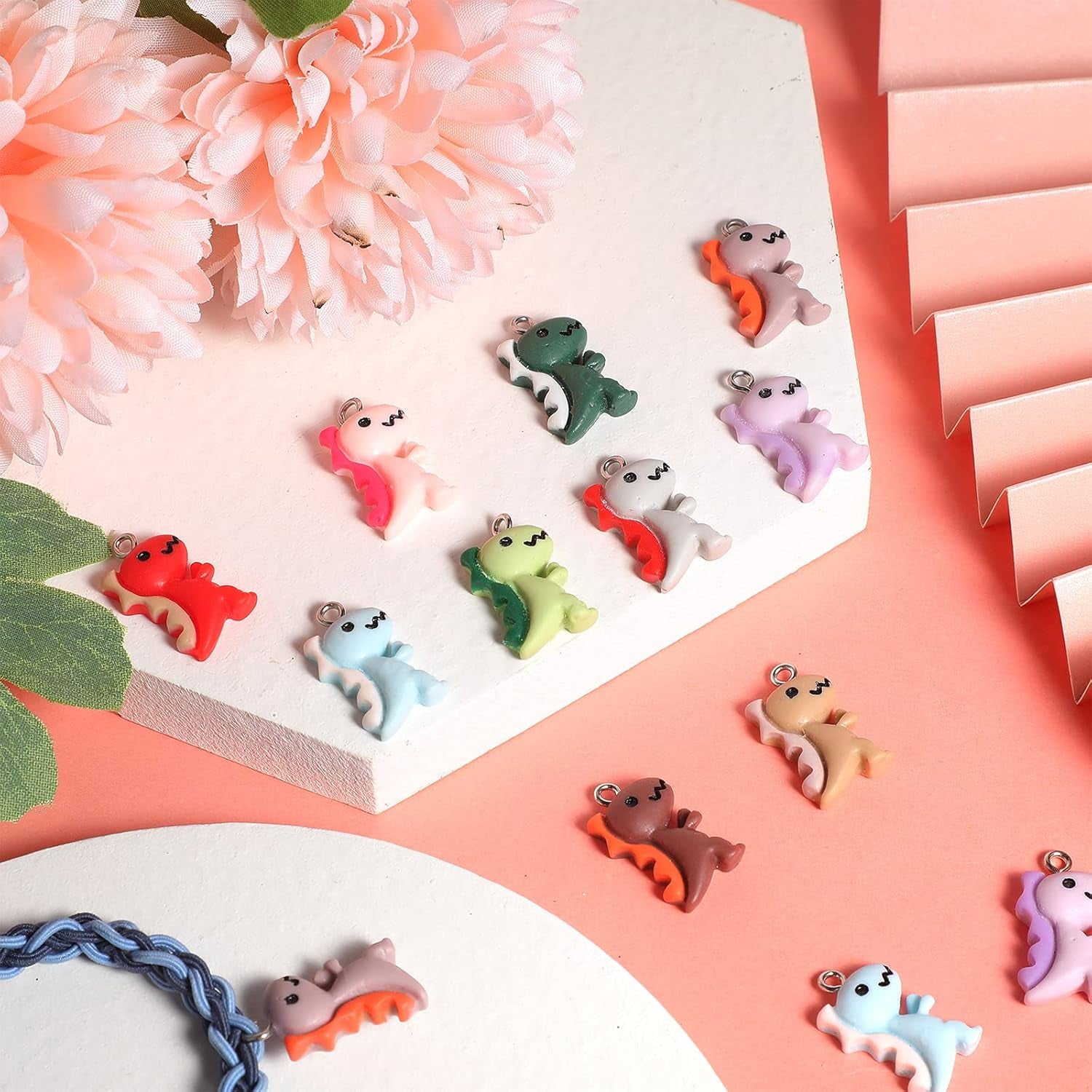 100 Pieces Dinosaur Charms for Jewelry Making, Cute Resin Dinosaur Pendants Charms for Girls Kids Earring Bracelet Necklace DIY Crafting, 10 Colors (Lovely Style)