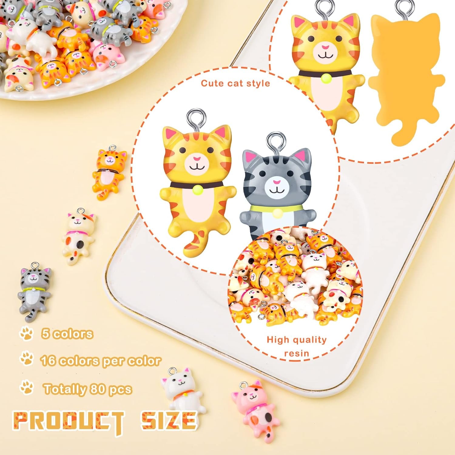 80 Pieces Cat Charms for Jewelry Making Resin Cat Pendant Charms Mixed Color Cute Animal Bracelets Necklaces Earrings Mobile Phone Case Decor Keychains Accessories
