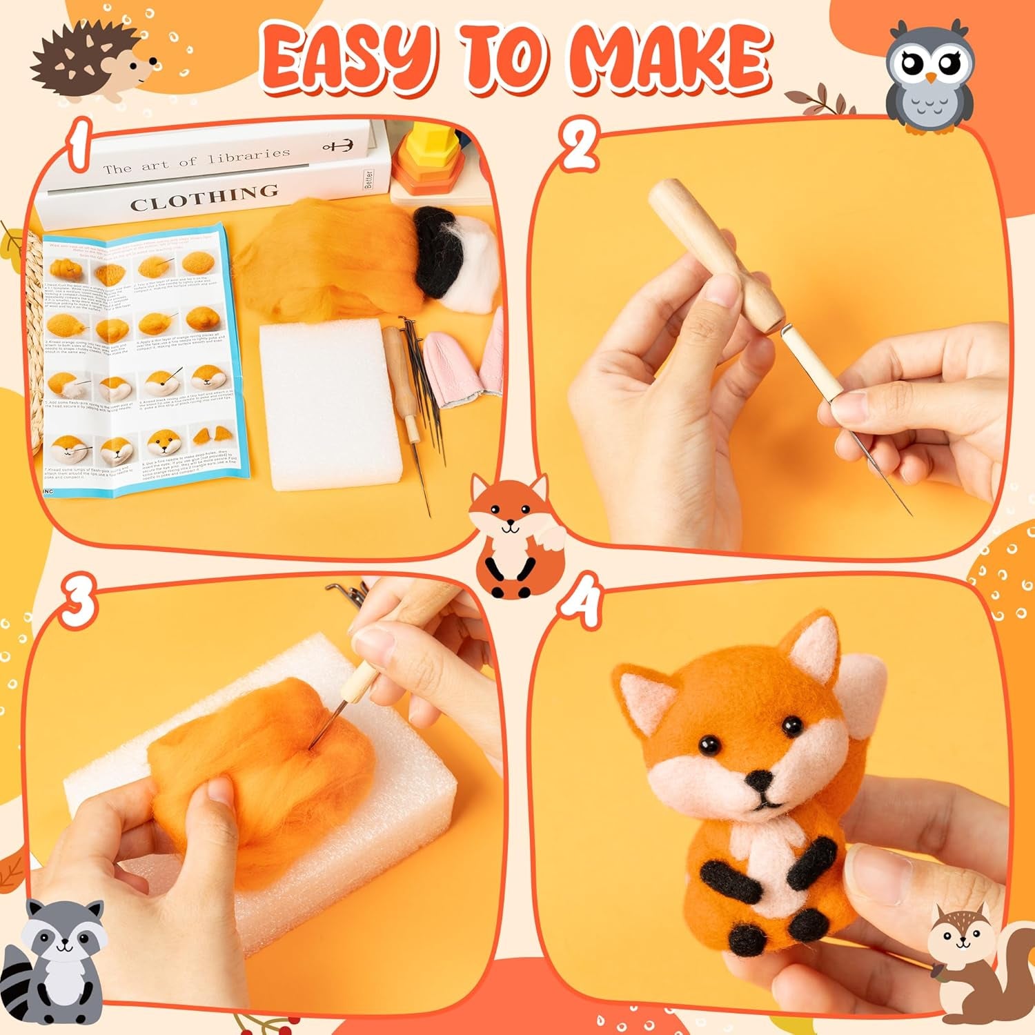 Set of 5 Woodland Wool Needle Felting Kit, Fox Owl Hedgehog Squirrel Raccoon Animal Doll Wool Felt Needle Felting Tools Foam Pad, DIY Needle Felting Craft Party Supplies for Beginners