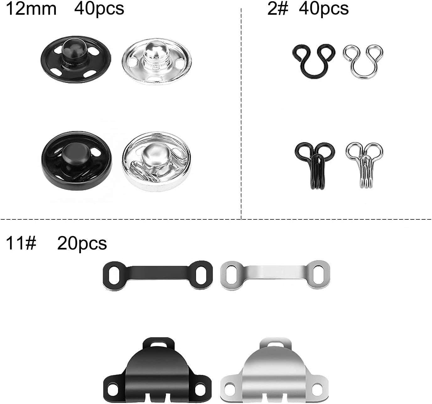 50 Pair Snaps for Sewing 3 Styles Hook and Eye Latch for Clothing Sewing Fixing Tools with Metal Sewing Buttons Fasteners Press Studs for Skirt Dress Bra Sewing DIY Crafting, 2 Colors (50)