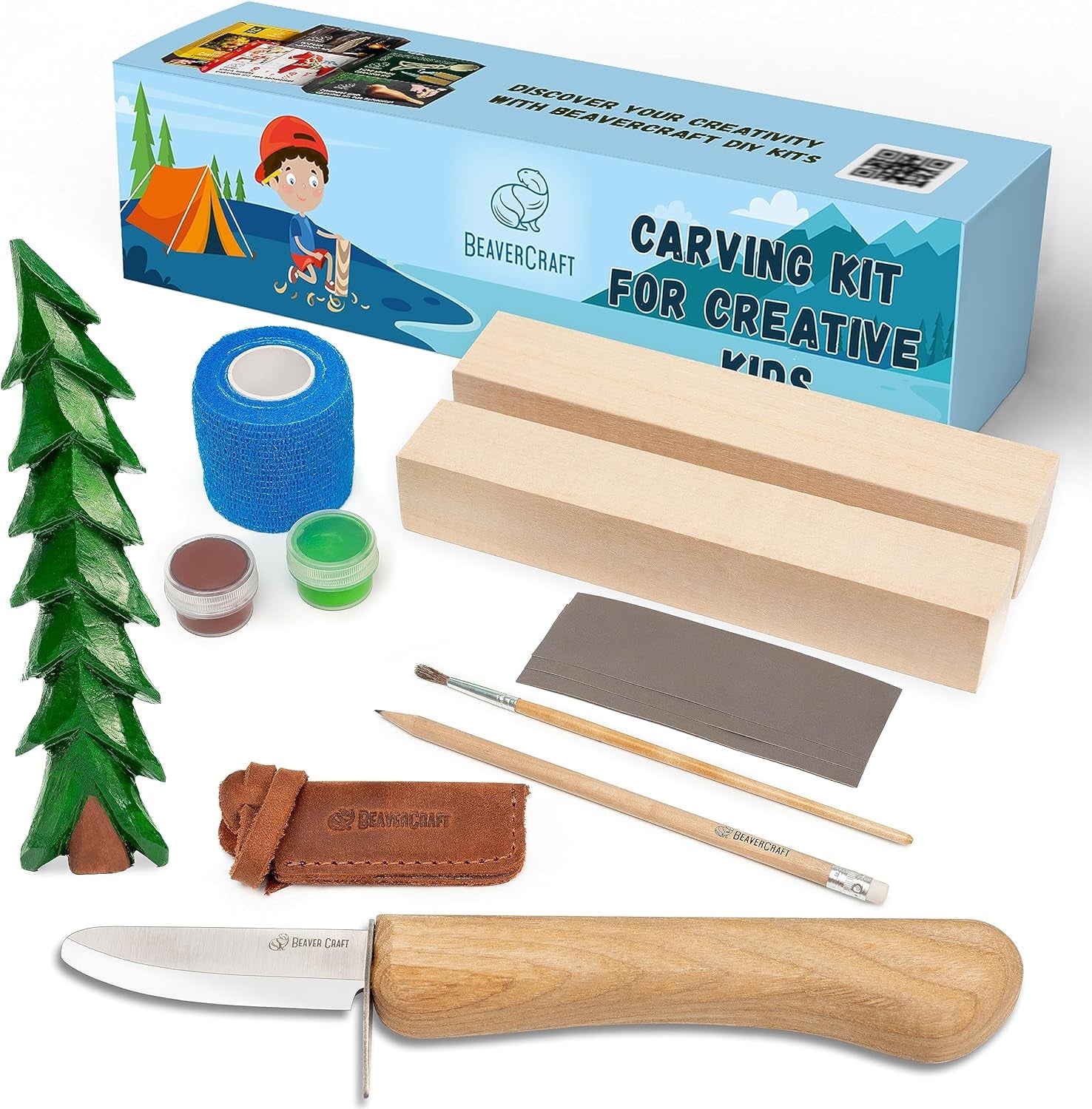 Wood Carving Kit for Kids & Beginner DIY08 - Wood Whittling Kit for Kids Woodworking Starter Kit Hobby Kits for Boys Wood Crafts Projects DIY Gifts, Carving Set Whittling Knife & Basswood