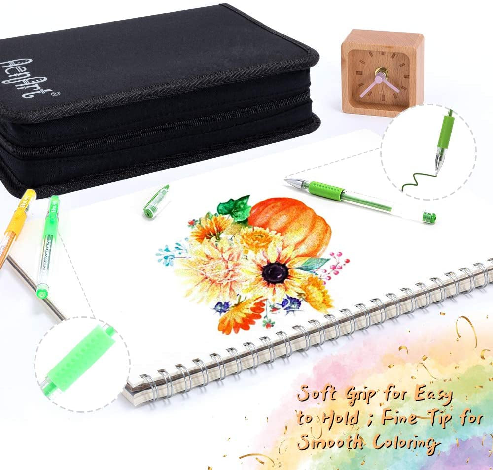 Gel Pens for Adult Coloring Books, 160 Pack Artist Colored Gel Pen with 40% More Ink, Black Case. Perfect for Kids Drawing Doodle Crafts Journaling Planner