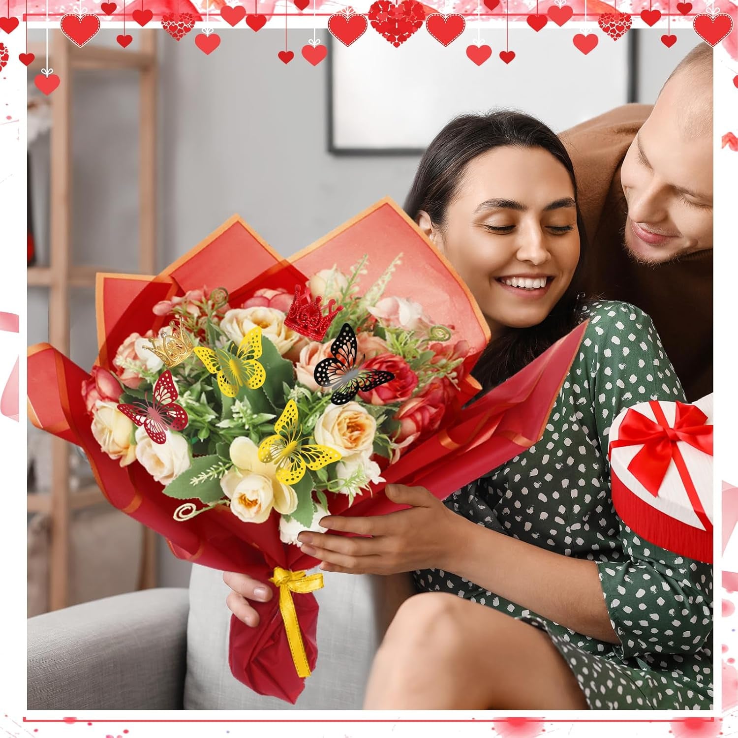 243 Pcs Flower Bouquet Wrapping Paper Waterproof Floral Wrapping Paper Florist Supplies with Butterfly Decoration Crowns Ribbons Bouquet Pin Glue for DIY Craft (Red, Black, Gold)