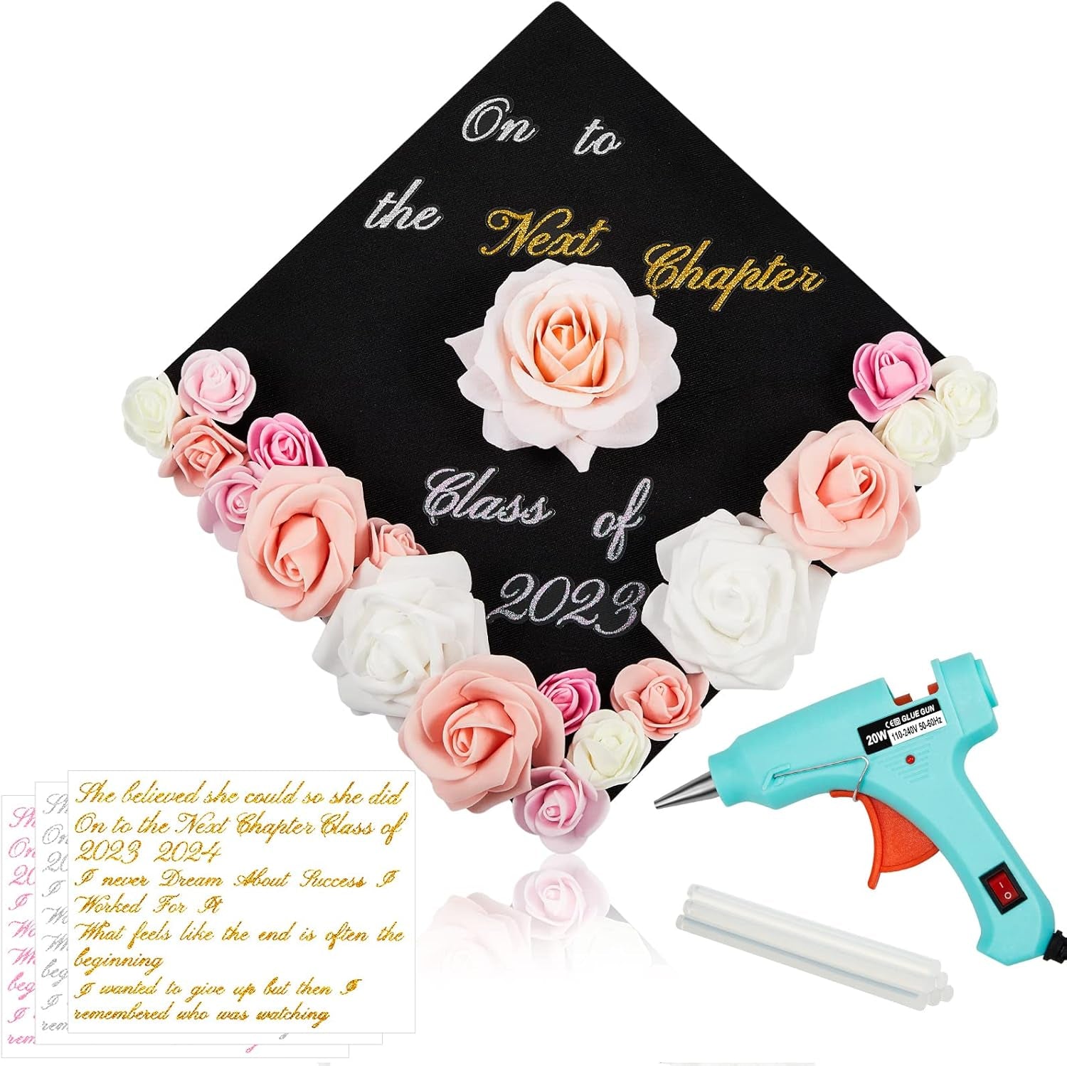 39 Pcs Graduation Cap Decorations Kit Include 29 Faux Flowers Heads Glue Gun 6 Glue Sticks 3 Sheets Glitter Quotes Cap Topper Decoration Kit for Graduation DIY (Cap Not Included)