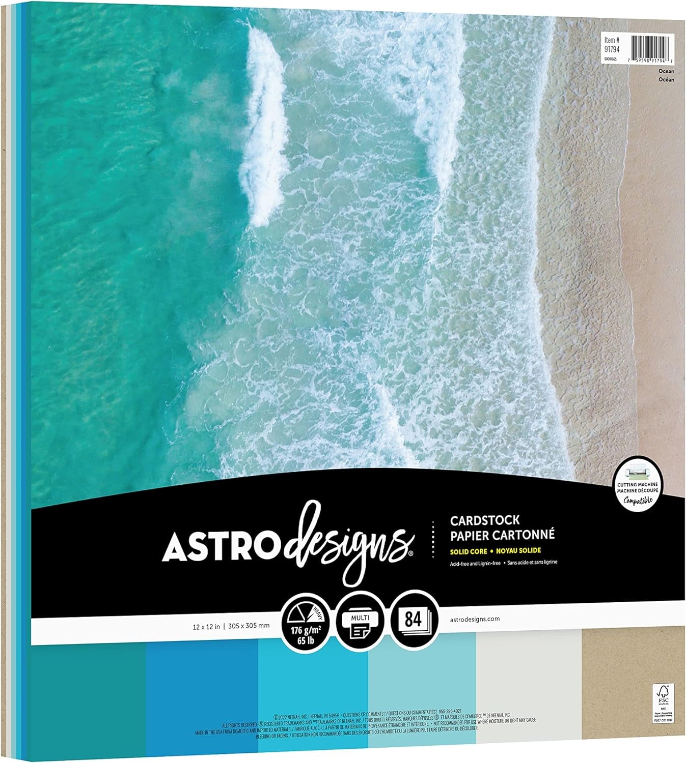 Crafting Cardstock, 12" X 12", 65 Lb./176 Gsm, 6-Color Ocean Assortment, 84 Sheets (91794)