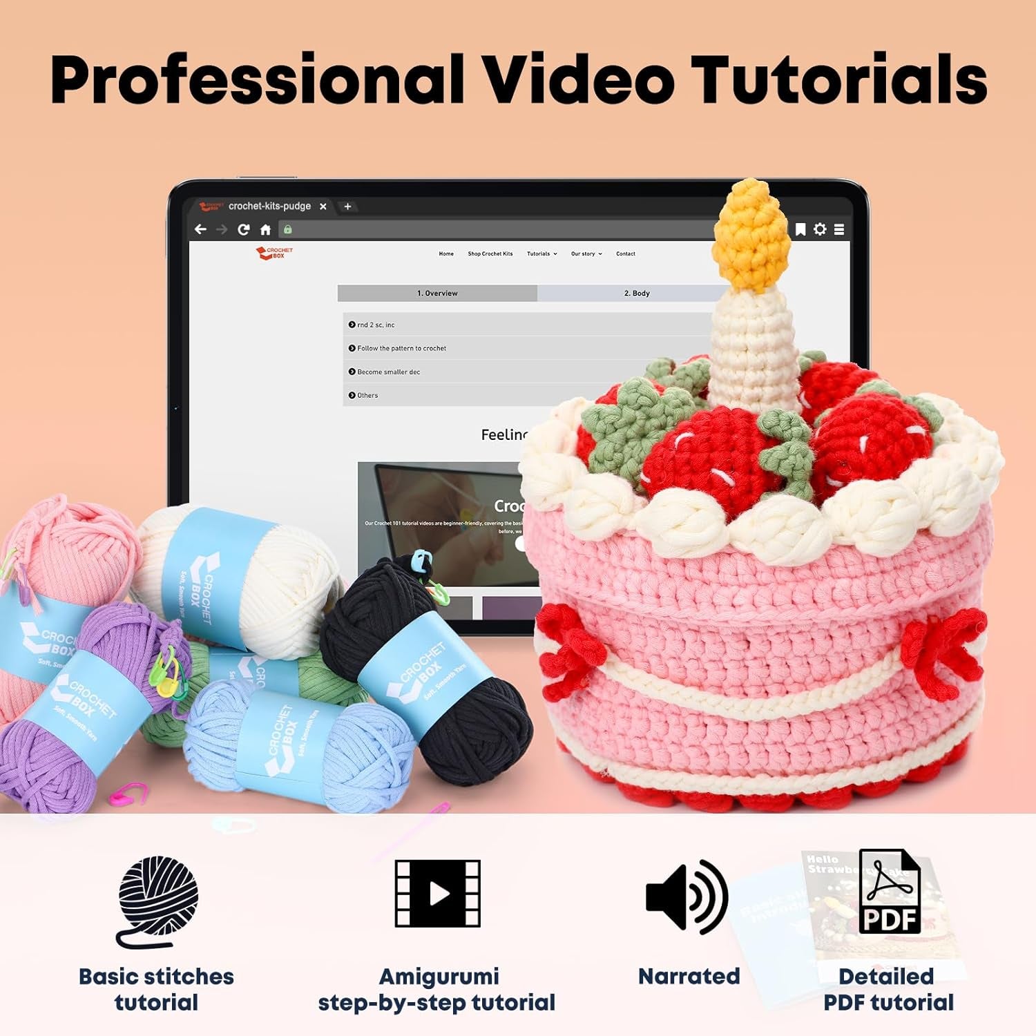 Crochet Kit for Beginners Adults - Strawberry Cake Storage Box Starters Crochet Kit, Including Step-By-Step Video Tutorials, Instruction, Hook, Surprise Gift for Adults, Relaxing Crafts
