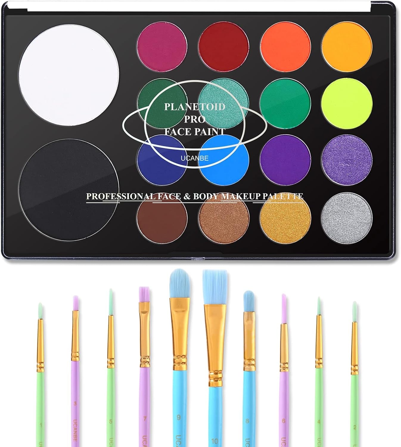 Face Paint Kit + 10Pcs Paint Brush Water Activated Body Paint SFX Makeup Palette for Cosplay Halloween Black White Face Painting Kits for Adults Matte Neon Special Effects Makeup Kit