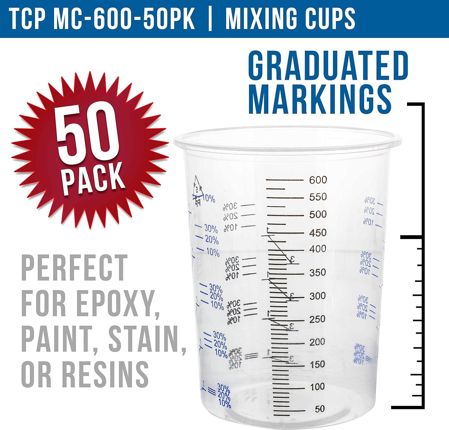 20 Ounce (600Ml) Disposable Flexible Clear Graduated Plastic Mixing Cups - Box of 50 Cups - Use for Paint, Resin, Epoxy, Art, Kitchen, Cooking, Baking - Measuring Ratios 2-1, 3-1, 4-1, ML
