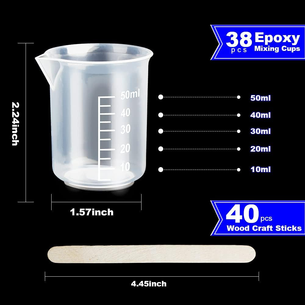 50Ml/1.7Oz Epoxy Mixing Cups, 38PCS Graduated Epoxy Resin Cups, Resin Mixing Cups, Beaker, Pouring Cup, Plastic Measuring Cup for Resin, Epoxy, Acrylic Paint, with 40 PCS Wood Craft Sticks