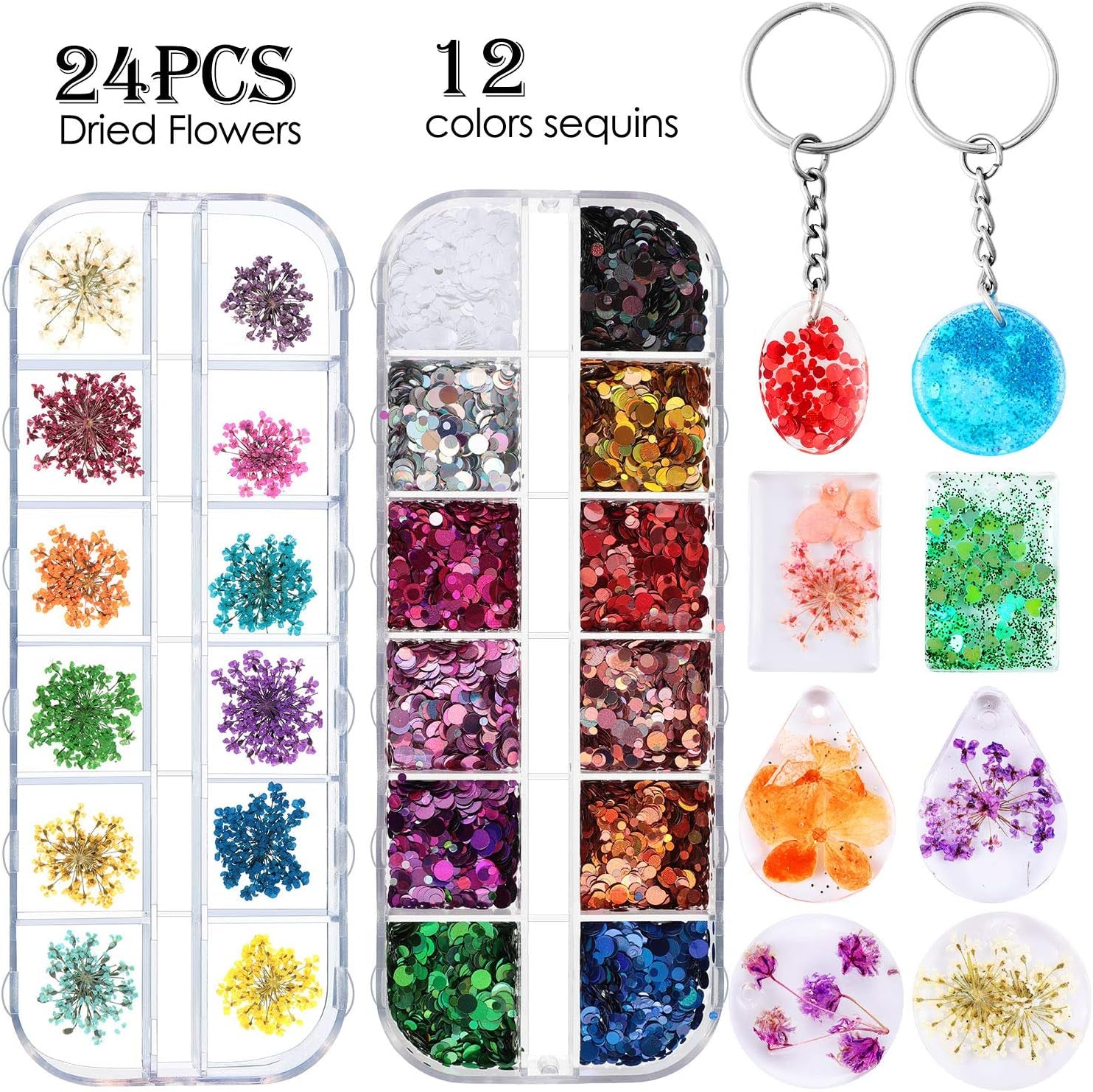 Silicone Resin Keychain Mold Set, Jewelry Pendant Casting Mold DIY Epoxy Keychain Mold with Keychain Rings, Dried Flower and round Sequins for DIY Craft Making Supplies, 67 Pieces