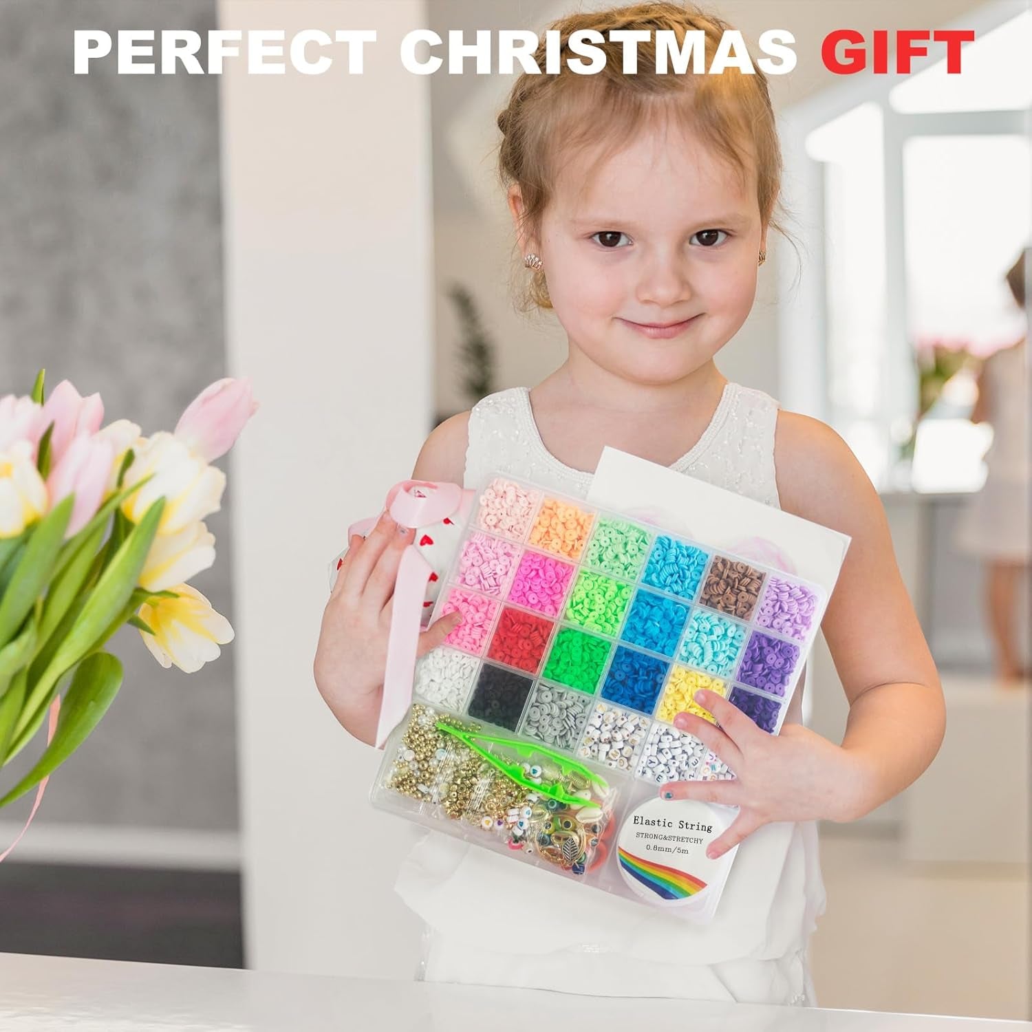 6200 Pcs Clay Beads Bracelet Making Kit, Flat round Polymer Heishi Friendship Bracelet Jewelry Kit with Charms and Elastic Strings for Girls 8-12 Gifts for Kids