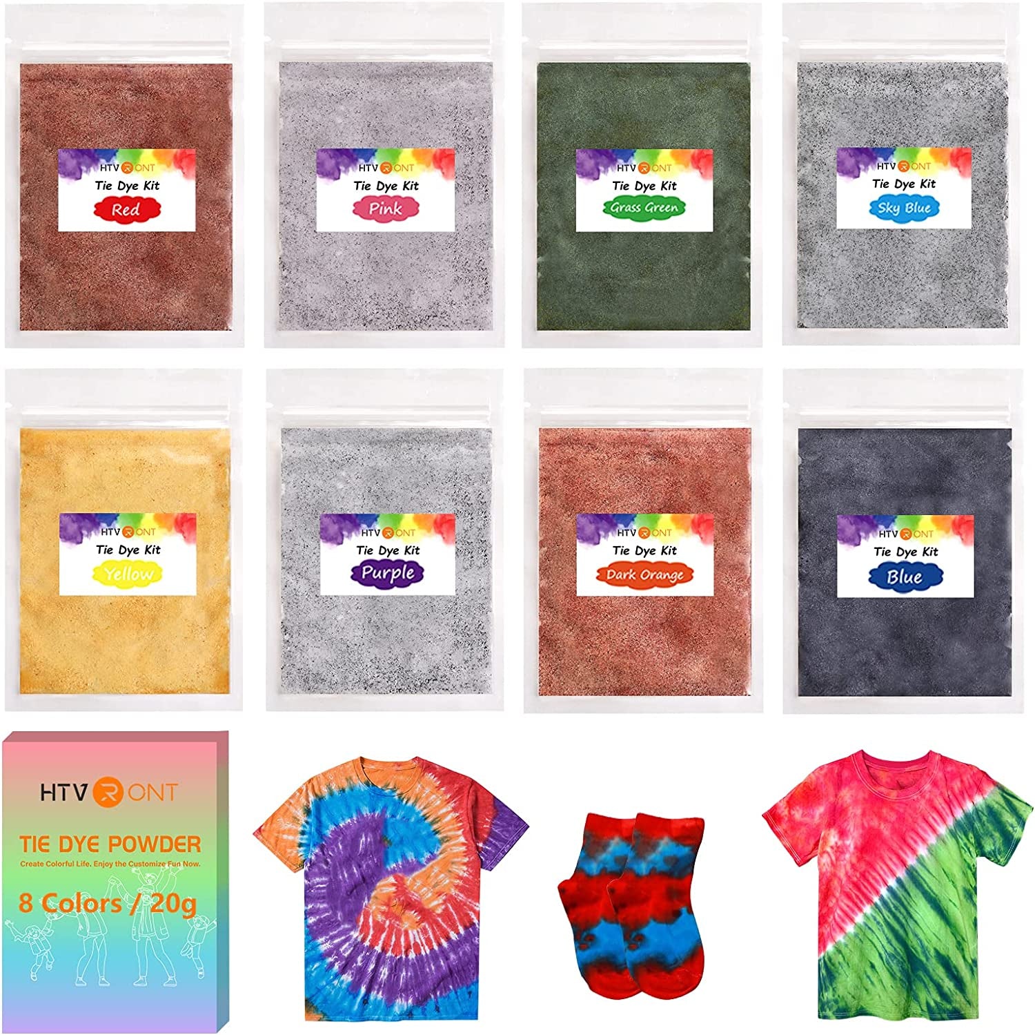 Tie Dye Powder - 8 Colors 160G/5.6Oz Tie Dye Refill Powder Packets, Non-Toxic Tye Dye for Kids Adults, Fabric Tie Dye Powder Bulk for Shirts, Clothing, Group, Festival Designs