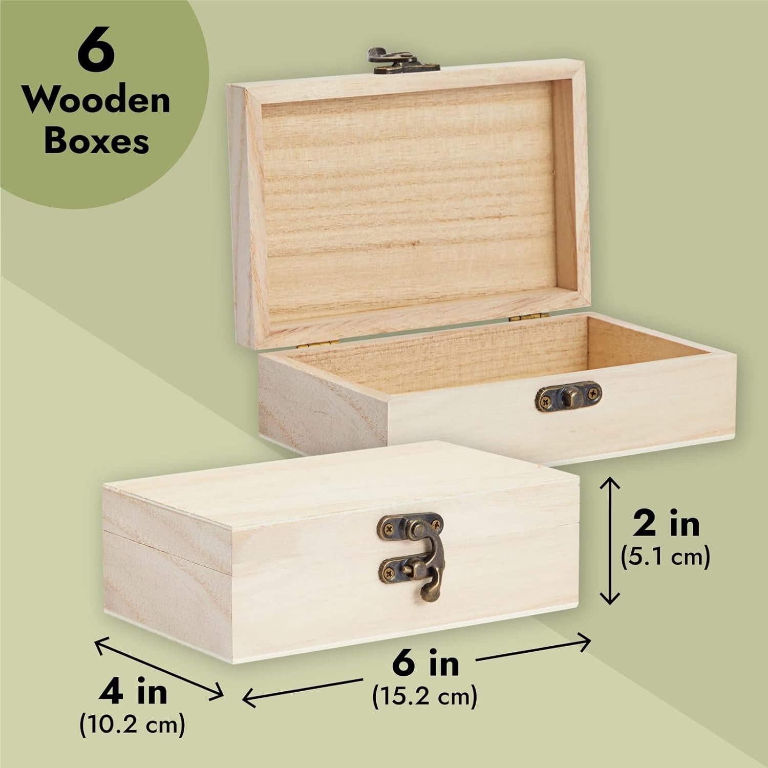 6 Pack Unfinished Wooden Boxes for Crafts with Hinged Lids and Front Clasps, 6X4X2 in for Jewelry, Crafts, Storage