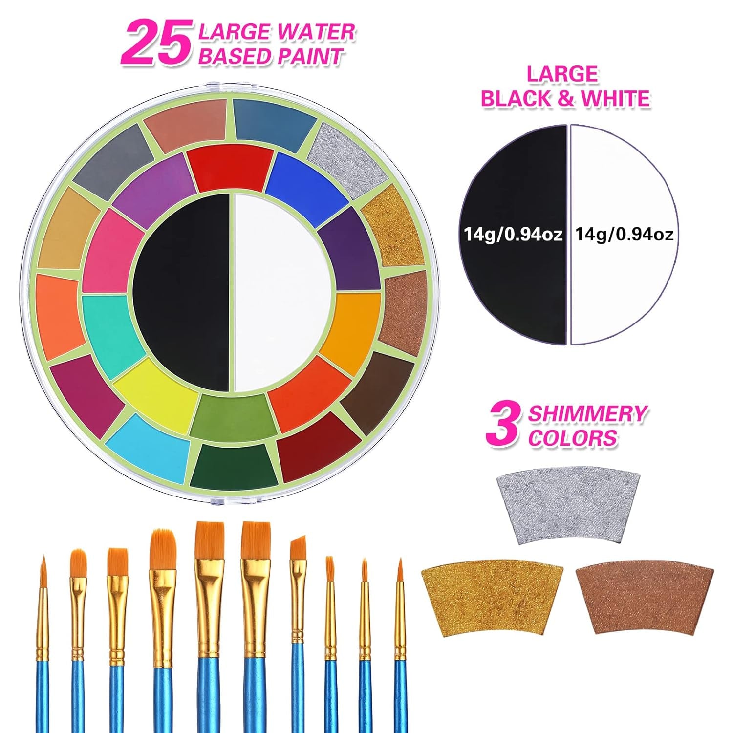 Face Body Paint Kit - 25 Colors Water Activated Painting Makeup Palette + 10 Blue Artist Paint Brushes Set Large Black & White Ideal for Halloween, SFX, Theater, Cosplay, Parties and Costume