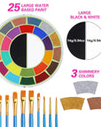 Face Body Paint Kit - 25 Colors Water Activated Painting Makeup Palette + 10 Blue Artist Paint Brushes Set Large Black & White Ideal for Halloween, SFX, Theater, Cosplay, Parties and Costume