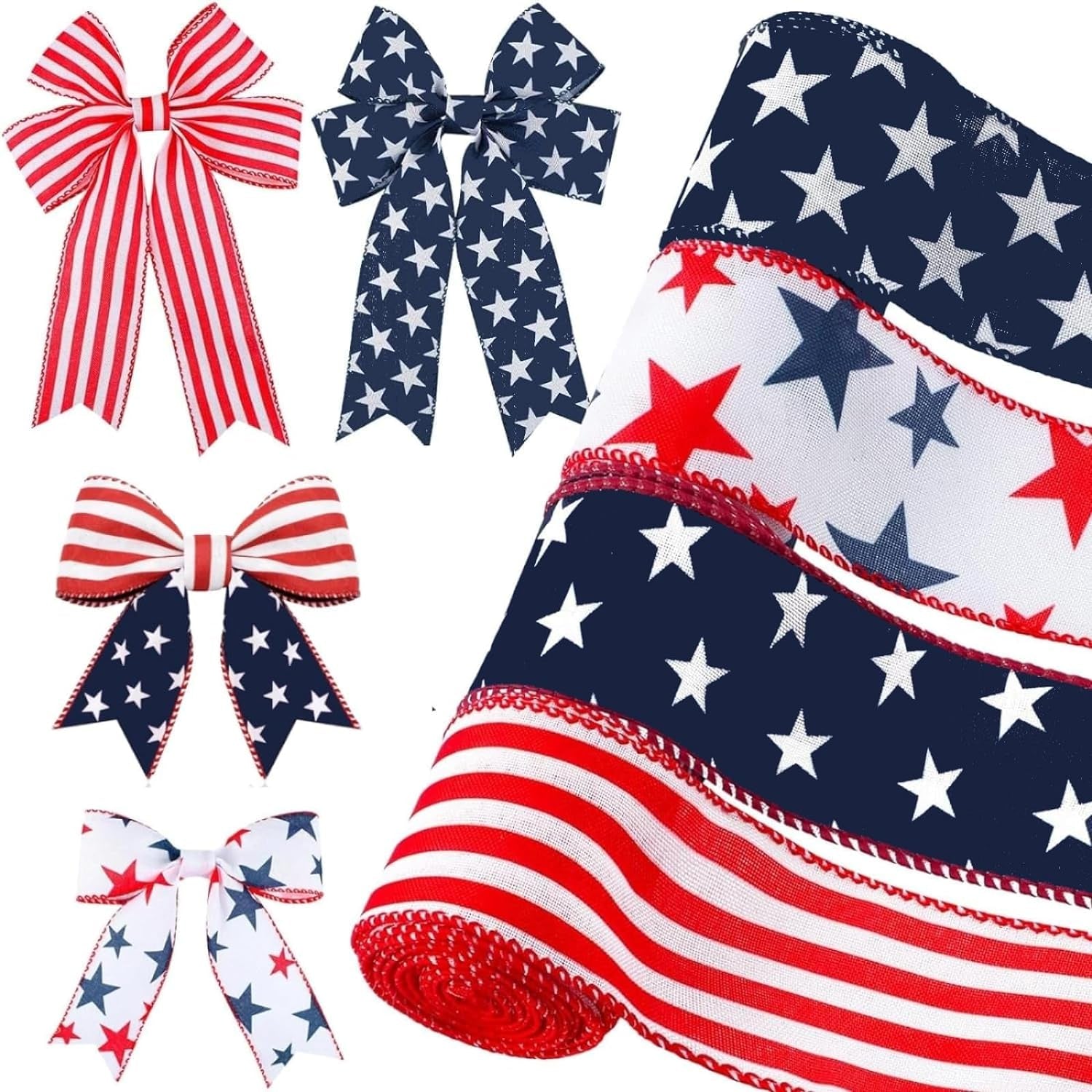 4 Rolls Patriotic Day Wired Ribbon 20 Yard 4Th of July Red White Blue Decorative Ribbon American Patriotic Day Edge Ribbons for Independence Day Bows DIY Wreath Making Crafts Memorial Day