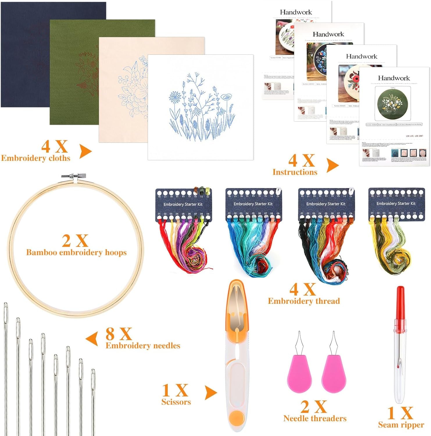 4 Pack Flower Embroidery Kit for Beginners with Pattern and Instructions, Cross Stitch Kits Include 2 Wooden Embroidery Hoops Color Threads Needlepoint Kit for Adults