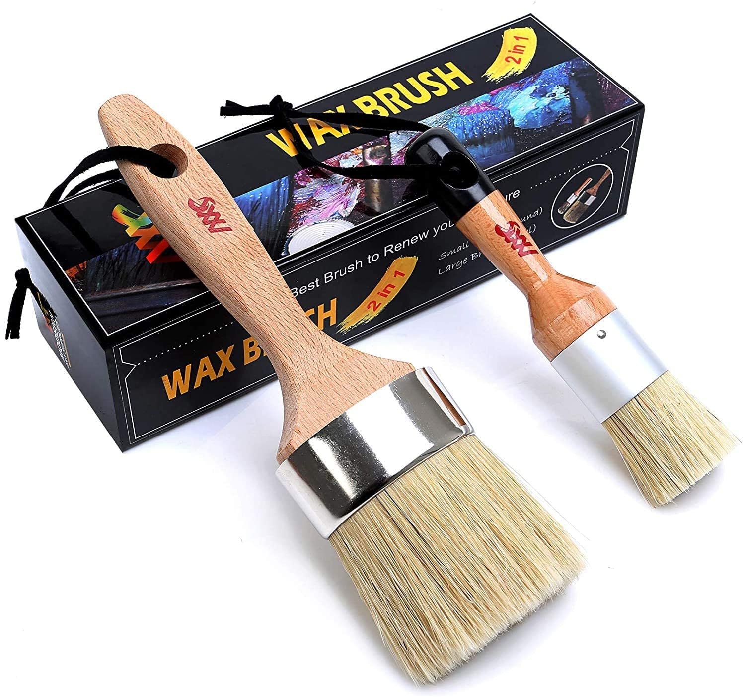 Chalked Paint and Wax Brush for Furniture - Premium Pack of 2, Natural Bristles, Compatible with All Types of Chalk Paints, Stencils &amp; Furniture Wax - Superior Paint Pick-Up &amp; Release, No Shedding