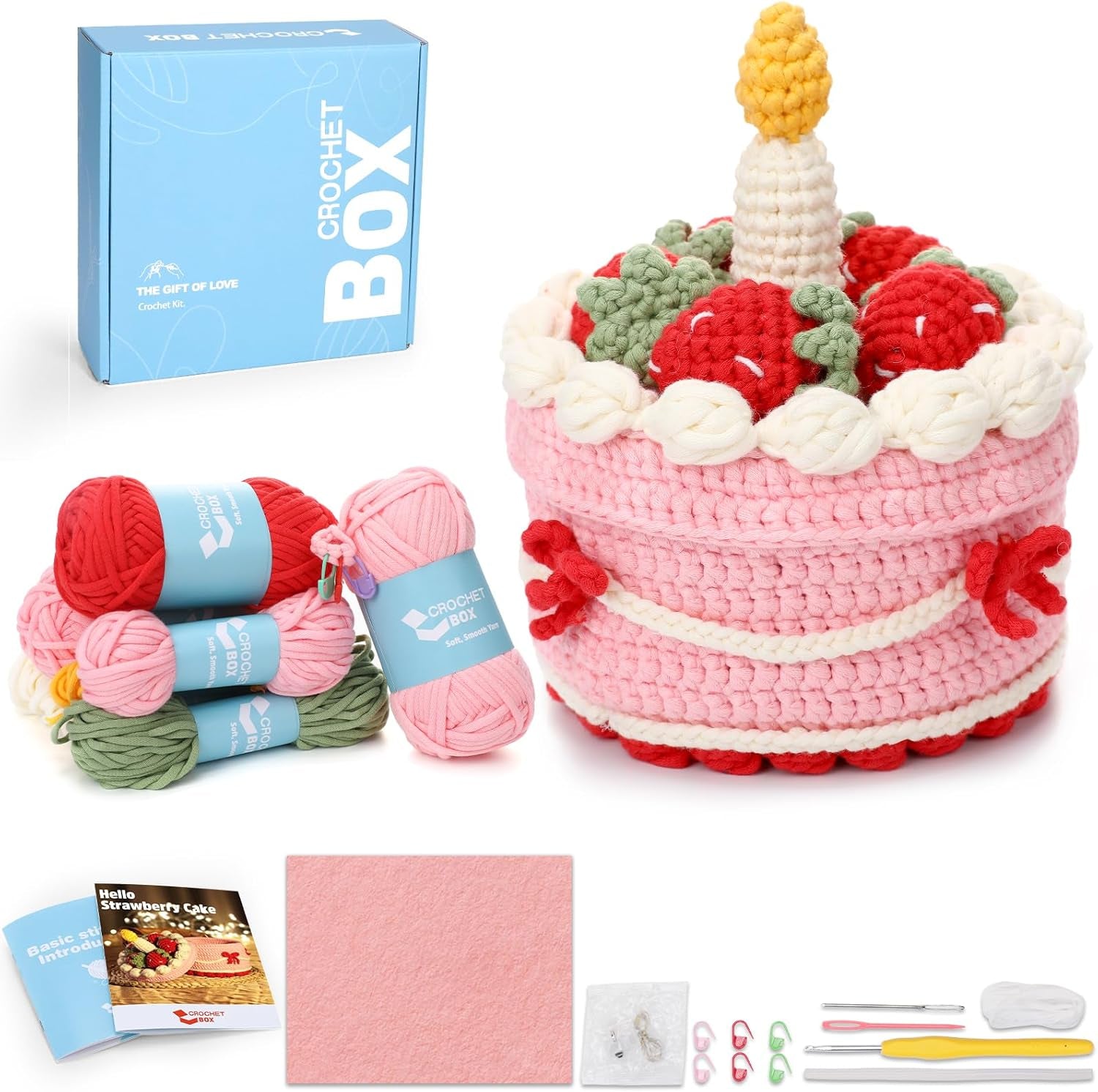 Crochet Kit for Beginners Adults - Strawberry Cake Storage Box Starters Crochet Kit, Including Step-By-Step Video Tutorials, Instruction, Hook, Surprise Gift for Adults, Relaxing Crafts