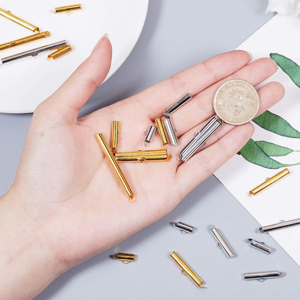 240Pcs Slide on End Clasp Tubes Slider End Caps Crimp End Tube Slider Clasp for Bead Loom Slide Tube End Bar for Multi-Strand Necklace Bracelet Jewelry Making Platinum Golden 10~40Mm