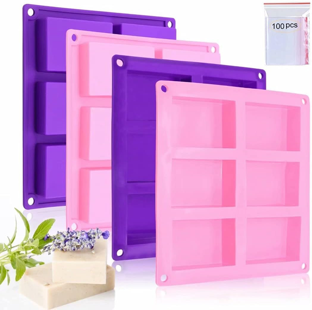 4 Pack Silicone Soap Molds,Rectangle Soap Mold,6 Cavities Silicone Molds for Craft Soap Making,Cake Chocolate Mold,With 100Pcs 3.5X5 Inches Bags