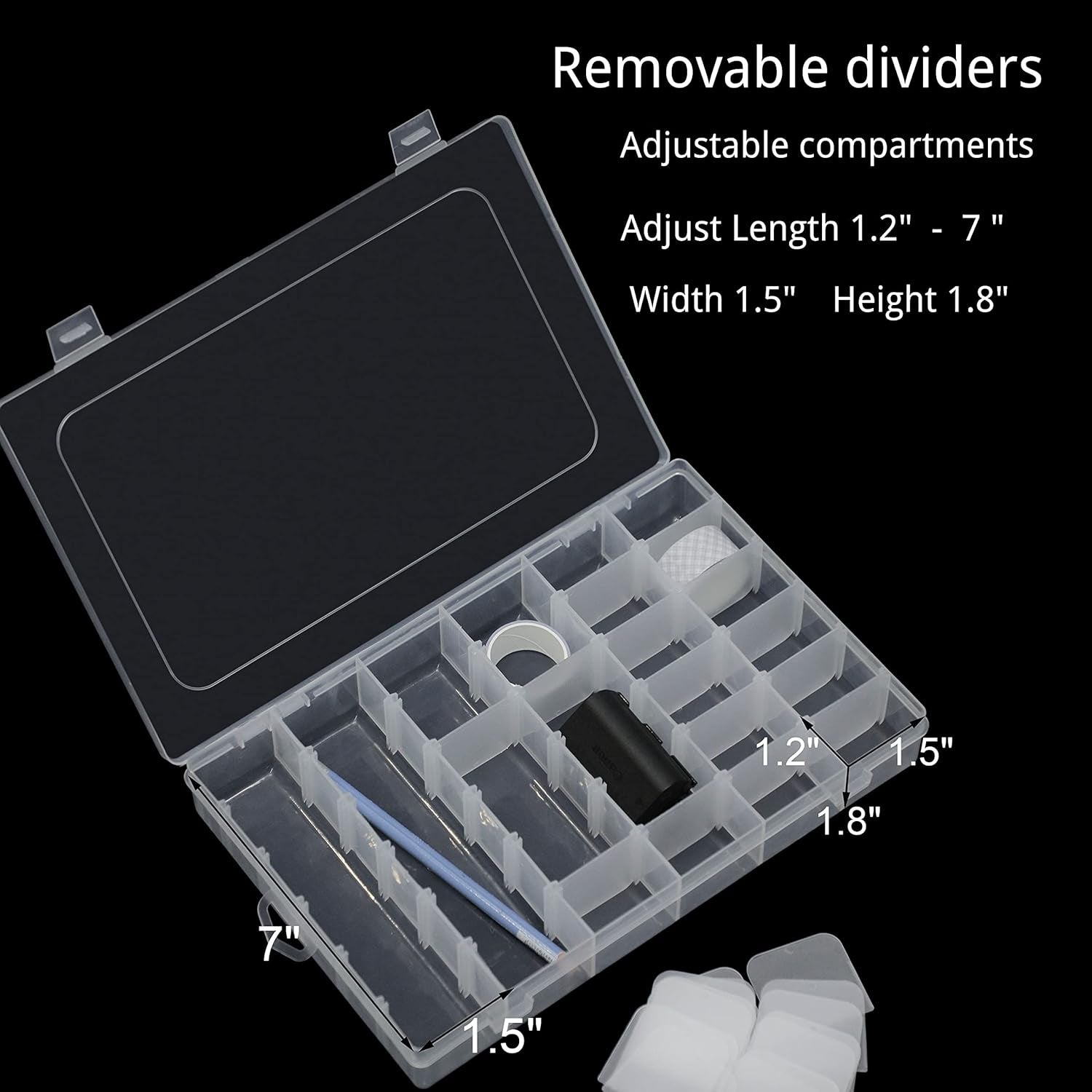 Pack of 2 Transparent Plastic Grid Box Storage Organizer for Display Collection with Adjustable Dividers - 36 Clear Grids - 10.8"X7.0"X1.8" Come with Letter Stickers