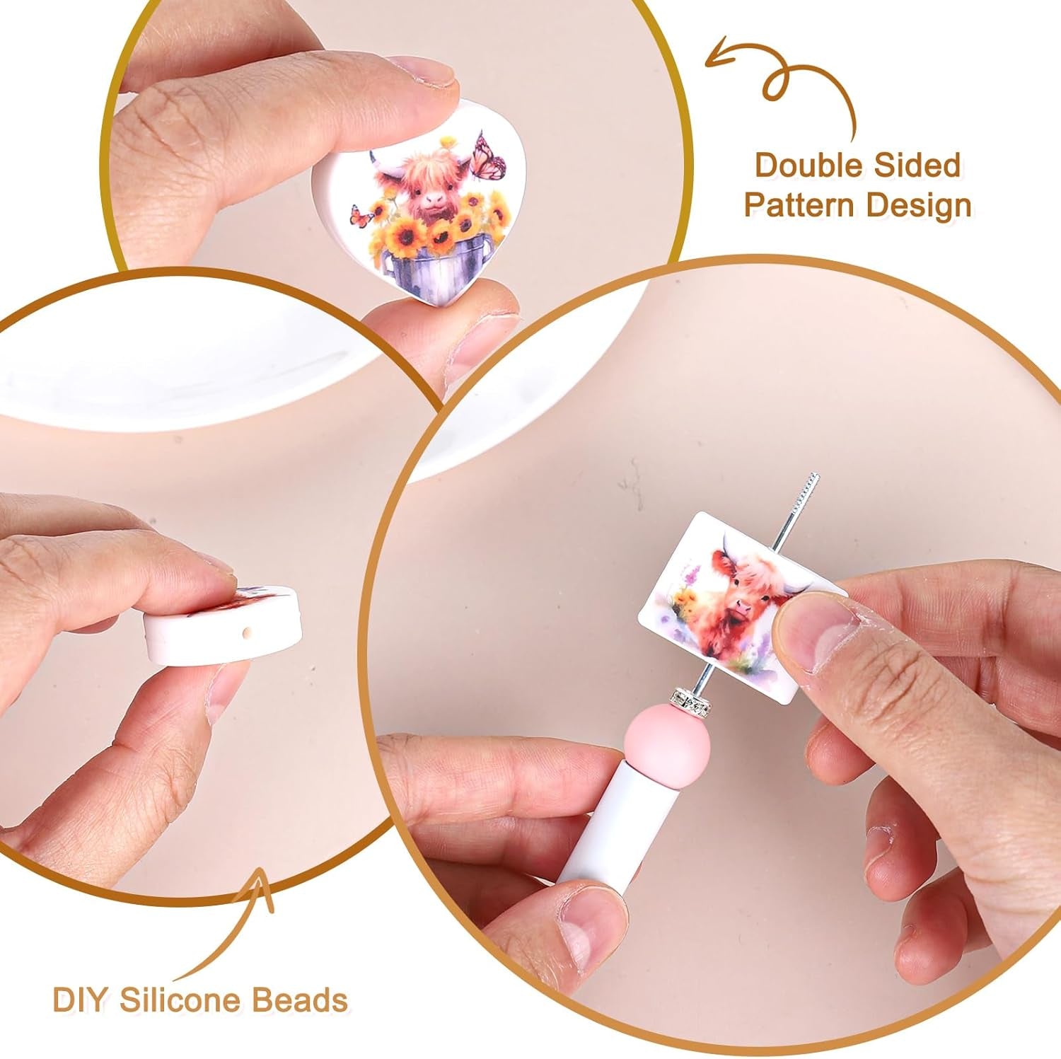 16Pcs Highland Cow Focal Silicone Beads round Rectangle Heart Shape Loose Spacer Beads Assorted Cattle Beads for DIY Crafts Jewelry Necklaces Bracelets Keychain Pen Making