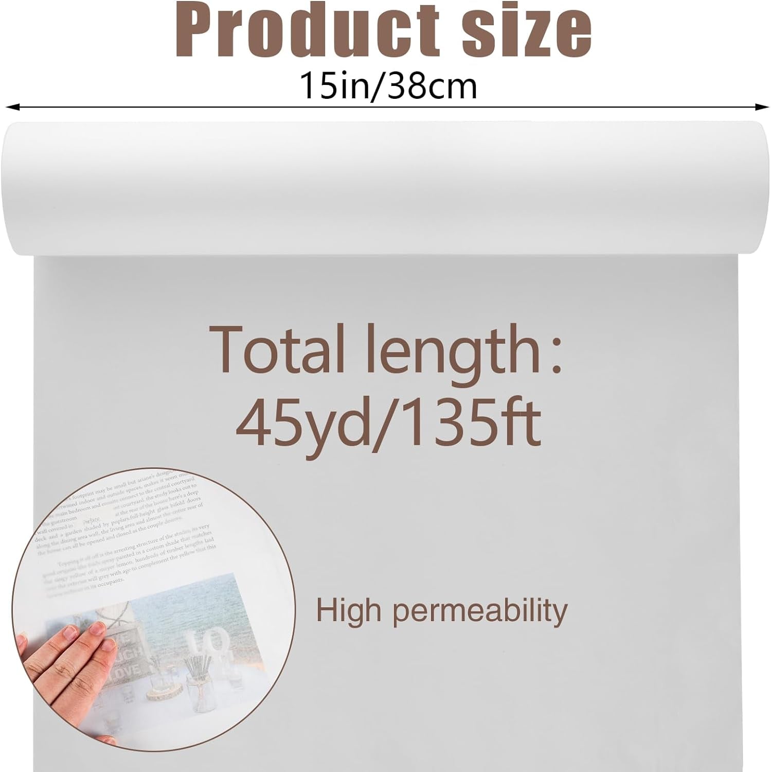 Tracing Paper Roll 15In X 45Yd White Trace Paper Translucent Tracing Paper Pattern Paper for Sewing, Drawing, Sketching, Trace, Craft