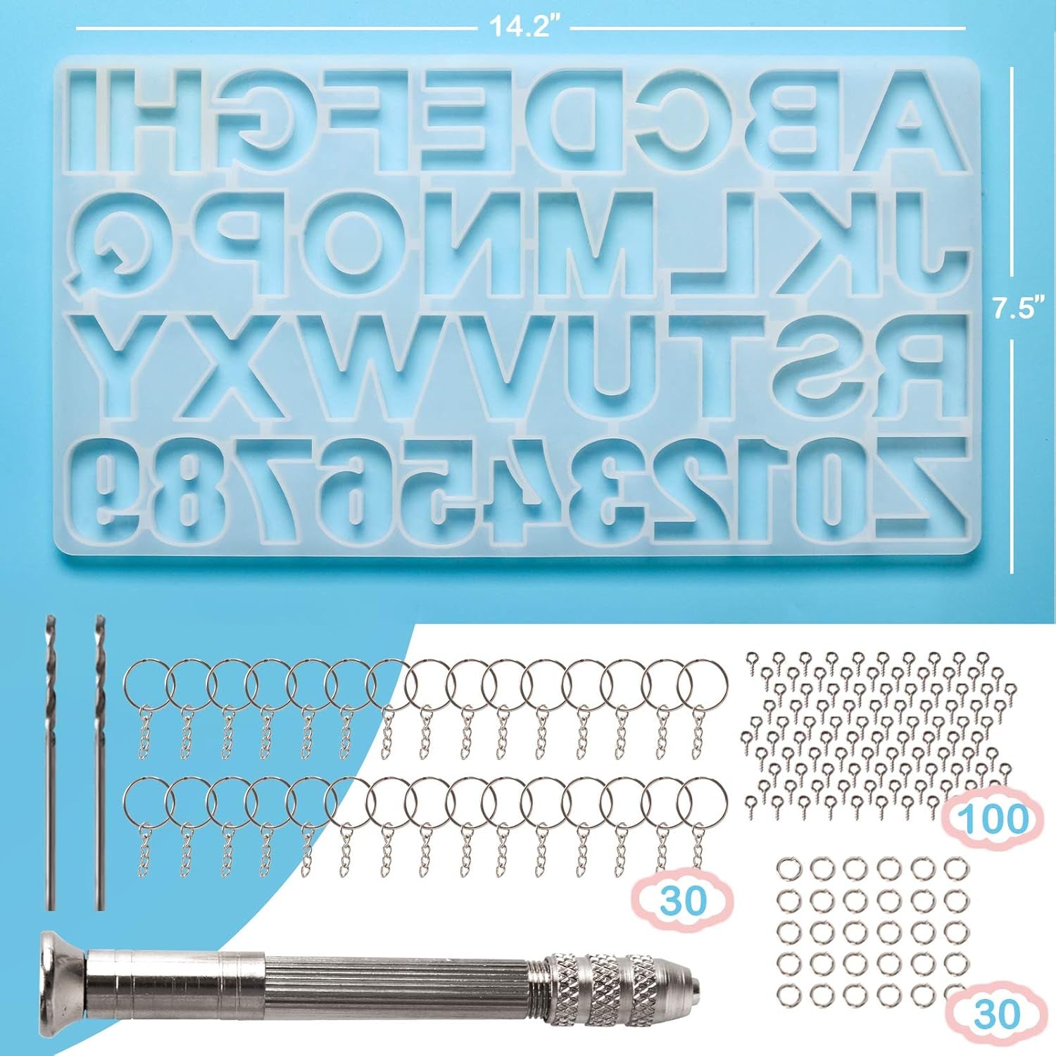134Pcs Alphabet Keychain Resin Molds Kit, Reversed Letter Number Silicone Mold Epoxy Resin Casting Molds Key Chain Making Set with 1 Hand Drill 2 Drill Bits 30 Key Rings 100 Screw Pin