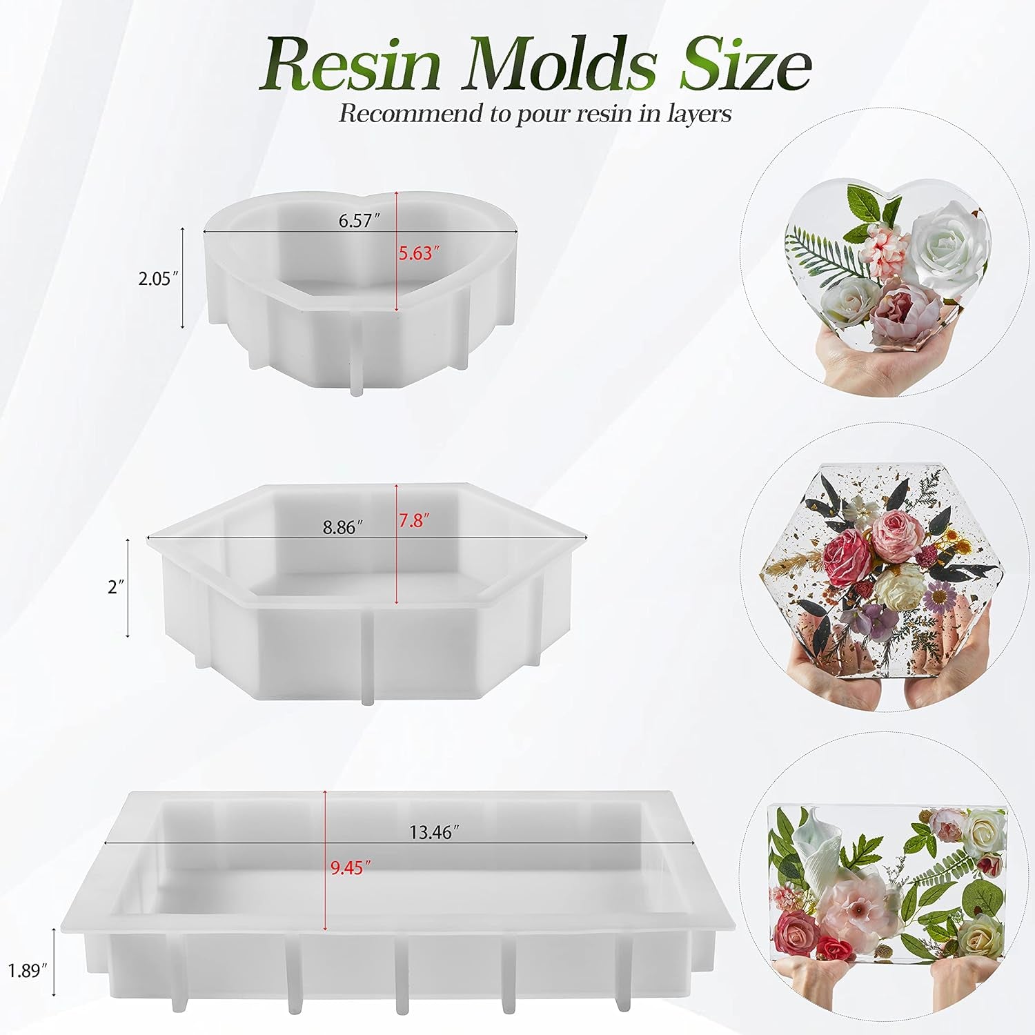 3Pcs Large Silicone Molds for Resin, Glossy Deep Resin Molds Include 13.46" Rectangle Molds,8.86" Hexagon Molds &amp; 6.57" Heart Molds, Epoxy Resin Casting Molds for Flowers Preservation