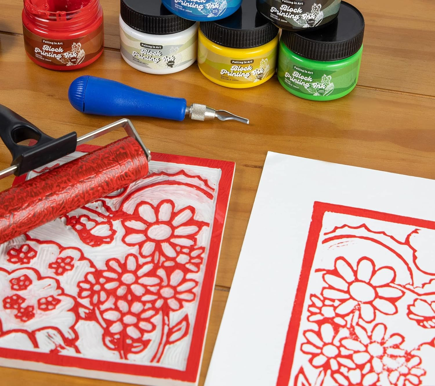 Water-Soluble Block Printing Ink, 6-Color Printmaking Ink Set for Linoleum Block, 3.5 Floz