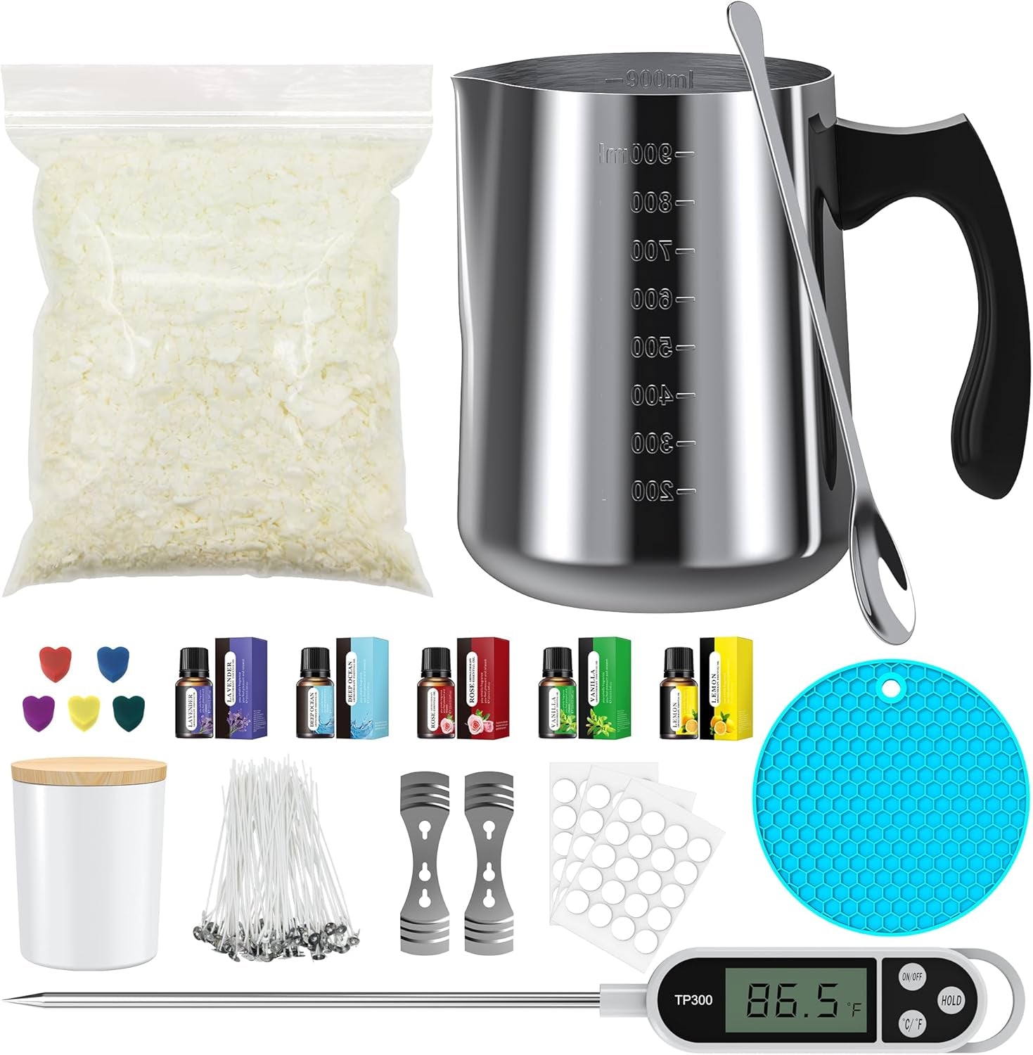 Candle Making Kit Supplies, Soy Wax DIY Candle Making for Adults, with 900Ml Candle Make Pouring Pot, Candle Wicks, Wicks Sticker, Wicks Holder, Thermometers