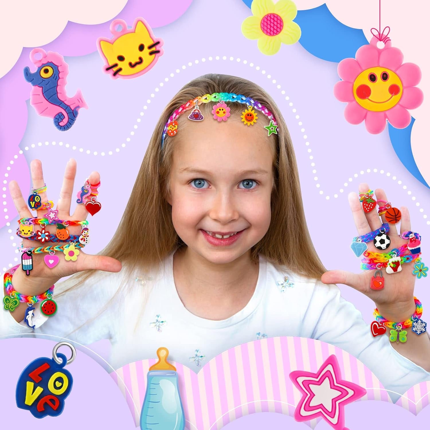 210 Pcs Silicone Bracelet Charms Rubber Bracelet Charms Small Bracelets Pendants Loom Pals Charms Loom Rubber Bands Making Kit for Jewelry Necklace DIY Charm Bracelets, 30 Styles