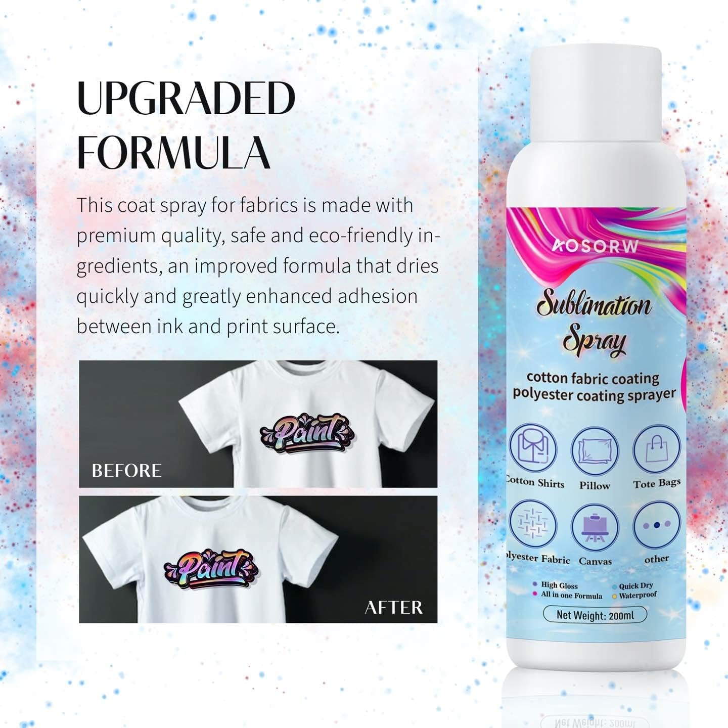 200 Ml Sublimation Spray for Cotton Shirts, Sublimation Coating Spray for T-Shirts, Canva, Sublimation Supplies for Cotton, Canvas, Polyester Fabric, Quick Dry, High Gloss