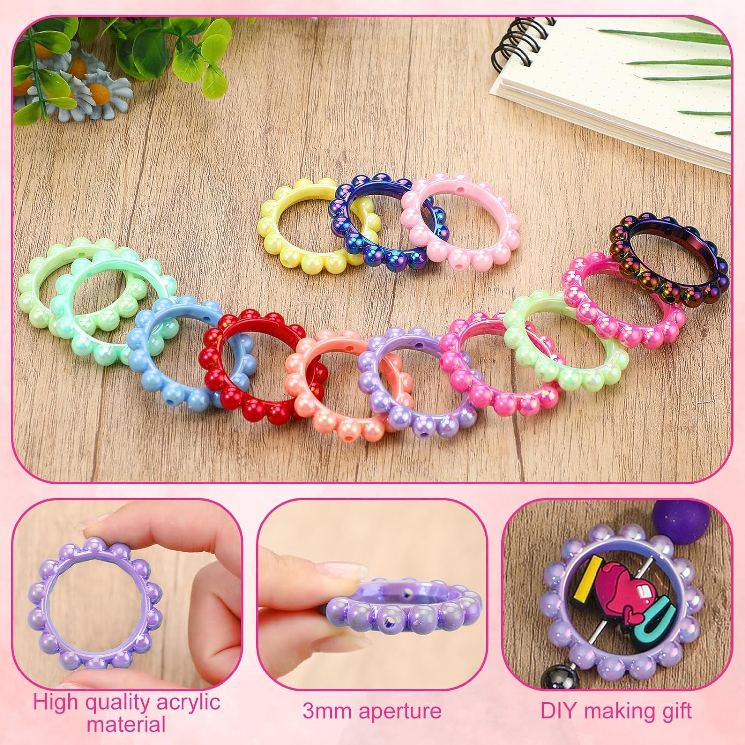 24 Pcs 42 Mm Acrylic Focal Frame Circle Loop with 2 Holes for DIY Beaded Pen Keychain Focal Bead Loop for Pen Jewelry Making Bracelet Car Necklace Craft Hanging (Stylish Colors,Round)