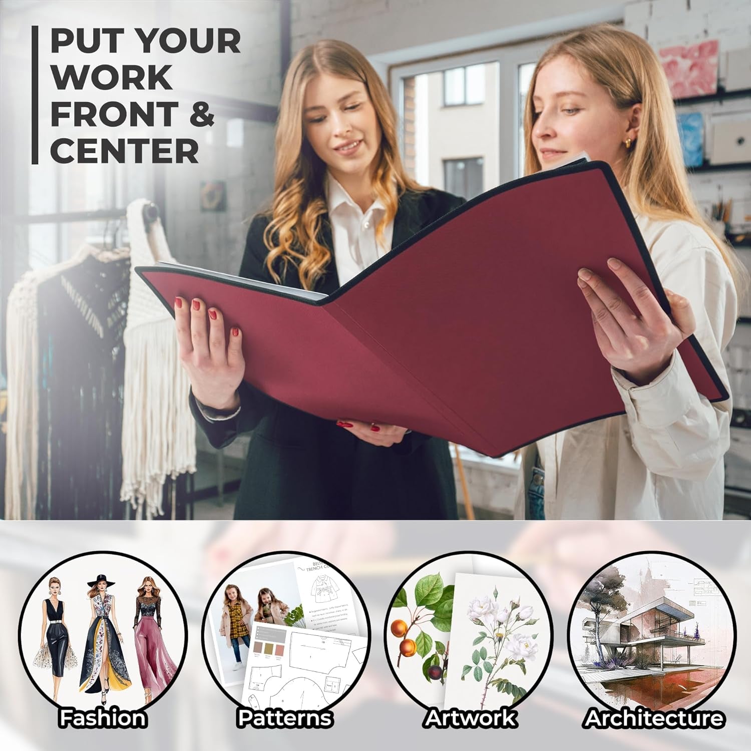 11X17 Art Portfolio Binder with Mounting Paper - (Ruby) Large Portfolio Folder for Artwork Displays 48 Pages, 11 X 17 Presentation Folder with Plastic Sleeves, Portfolio Binder Organizer