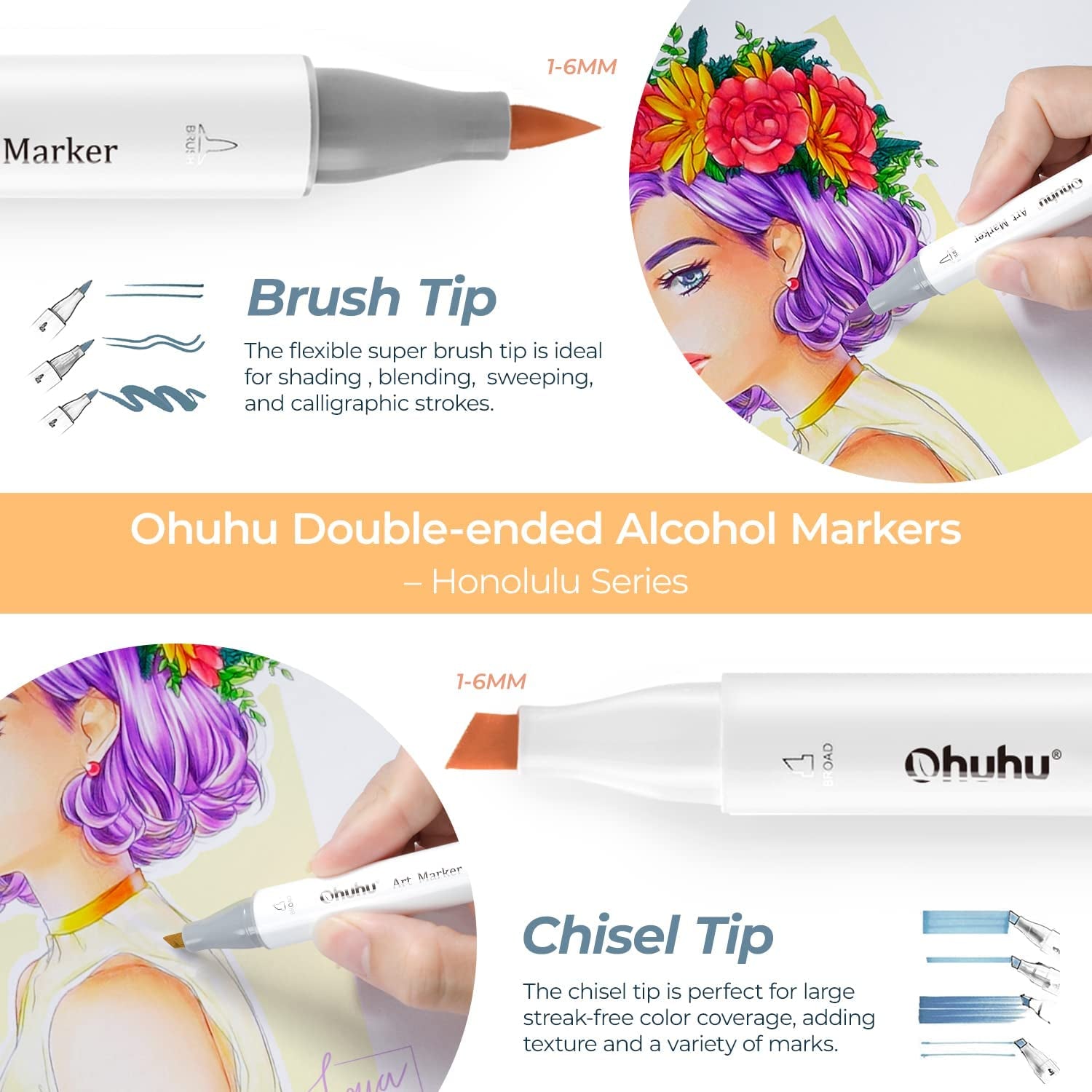 Alcohol Markers Brush Tip: 48-Color Double Tipped Art Marker Set for Artist Adults Coloring Illustrations -Honolulu -Brush & Chisel -Refillable