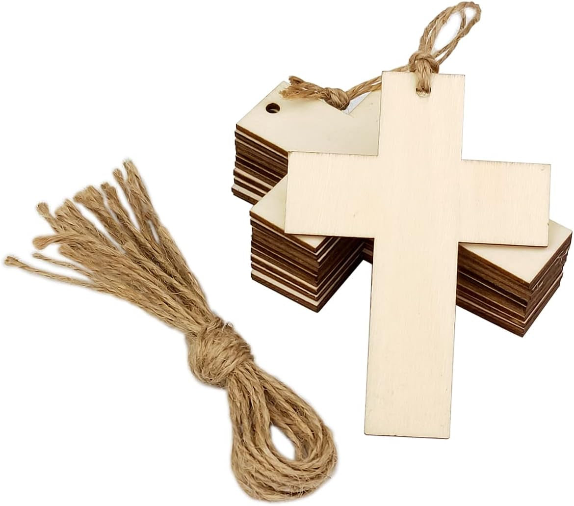 32 Pack Wood Cross Cutouts Small Wooden Crosses Hanging Ornaments DIY Cross Craft Gift Tags for Thanksgiving Christmas Home Party Decoration Craft Project