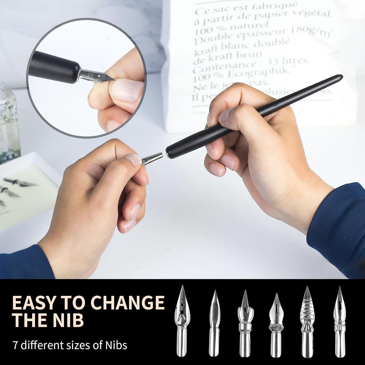 Dip Pen for Drawing with Ink - Antique Wooden Calligraphy Kits for Beginners with 6 Replaceable Nibs