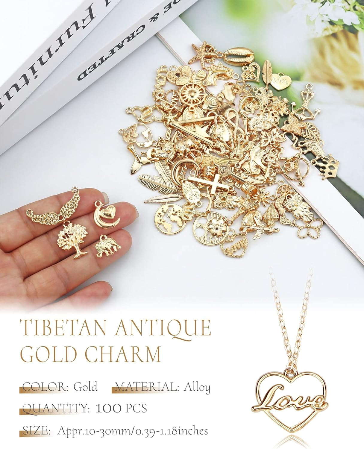 100 Pcs Wholesale Bulk Lots Jewelry Making Charms, Mixed Golden KC Gold Alloy Charms Pendants for Necklace Bracelet Jewelry Making and Crafting Supplies